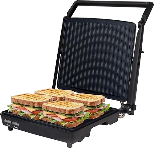 Courant Panini Press Gourmet Sandwichera, diseño súper delgado con mango plegable, parrilla de 4 porciones con placas antiadherentes, se abre 180