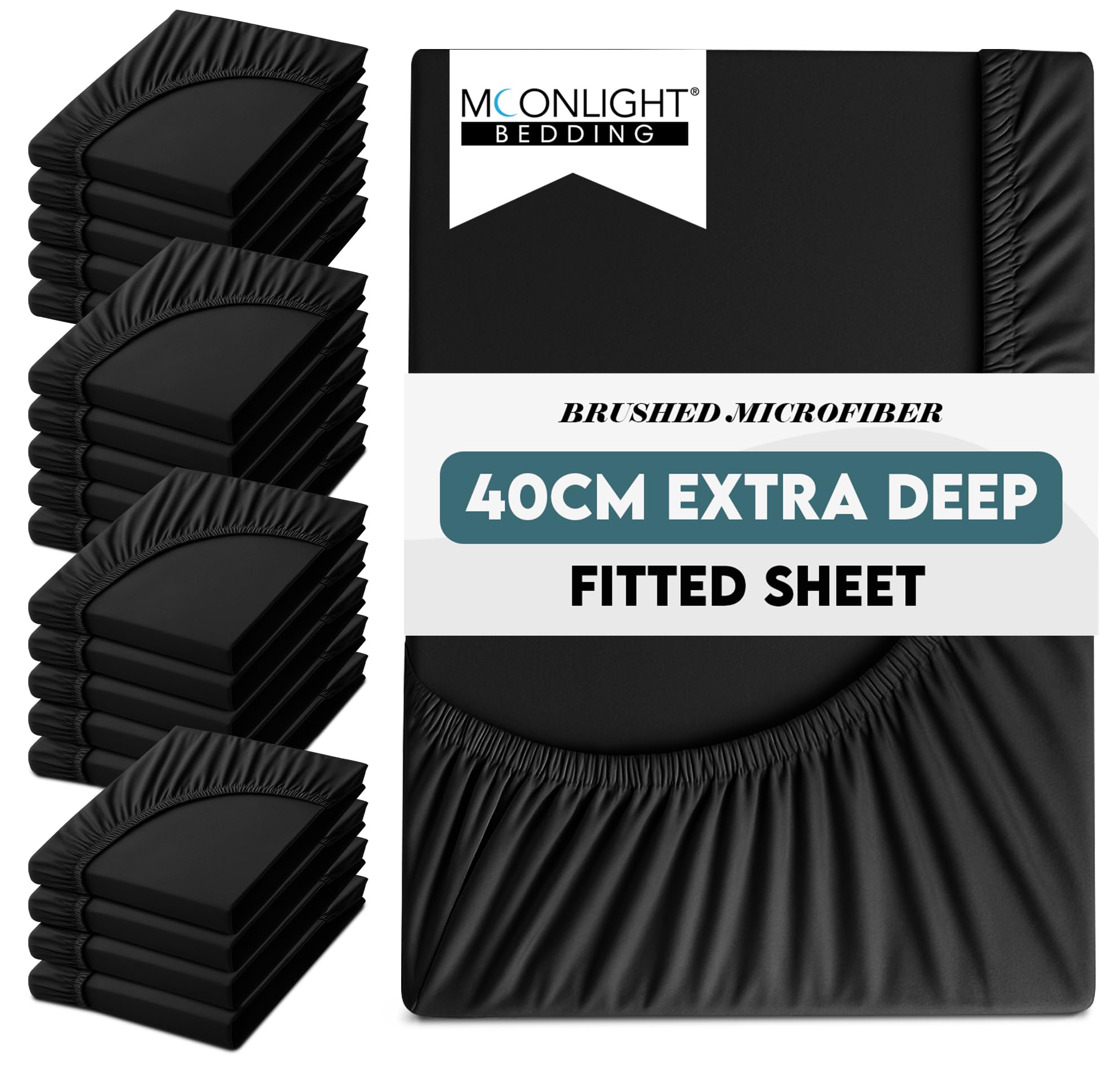 Moonlight Bedding Fitted Sheets King Size 20 Pack 40CM Black Bed Sheet with Elastic Corners 16 Inch Extra Deep Pocket Brushed Microfiber Easy Care Breathable Shrinkage Fade-Resistant Bedsheets โ image 1