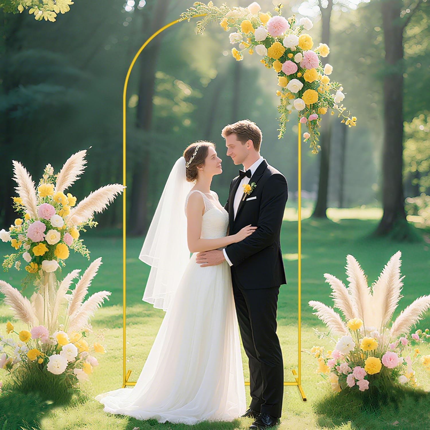 7.2 FT Wedding Arch Backdrop Stand and Dusty Blue Arch Cover Set Metal Arch Stand with Spandex Arch Stands Cover Party Backdrop Gold Wedding Arches for Ceremony Birthday Baby Shower Decor