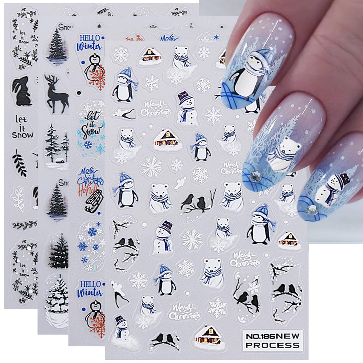 Christmas Nail Art Stickers Winter Snowflake Penguin Nail Decals 4PCS Snowman Bear Deer Tree Rabbit Leaf 3D Self-Adhesive Christmas Nail Stickers