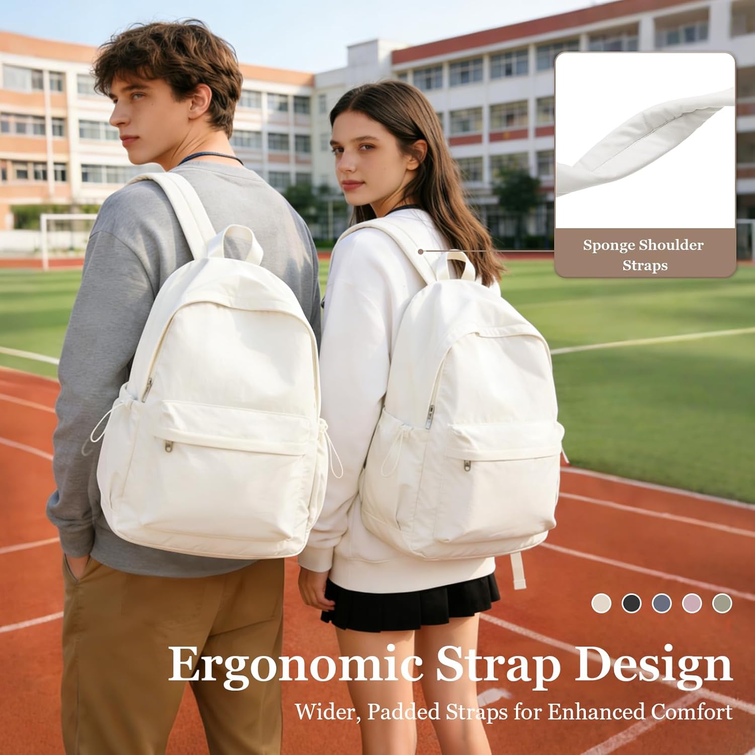 Simple School Backpack For Women Men Aesthetic Medium Backpack Lightweight Casual Daypack College Backpacks Cute Bookbag for Teens Girls Boys Basic Bagpack（Beige）