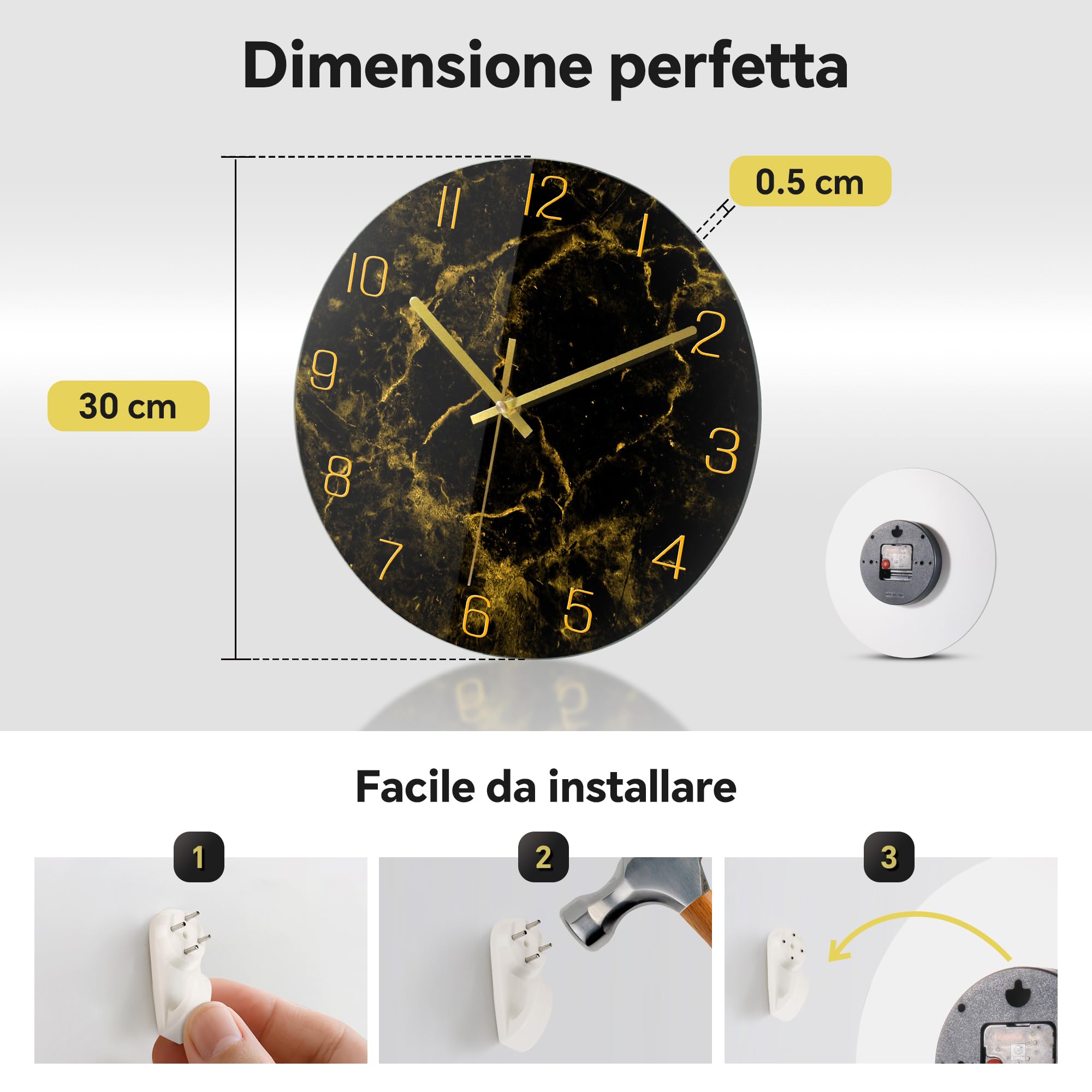 VIKMARI Orologio da Parete Moderno con Texture Marmorea Nero Oro da 30 cm Silenzioso Non Ticchettante a Batteria Orologi a Quarzo Decorazione Rustica per Cucina Camera da Letto Salotto e Ufficio
