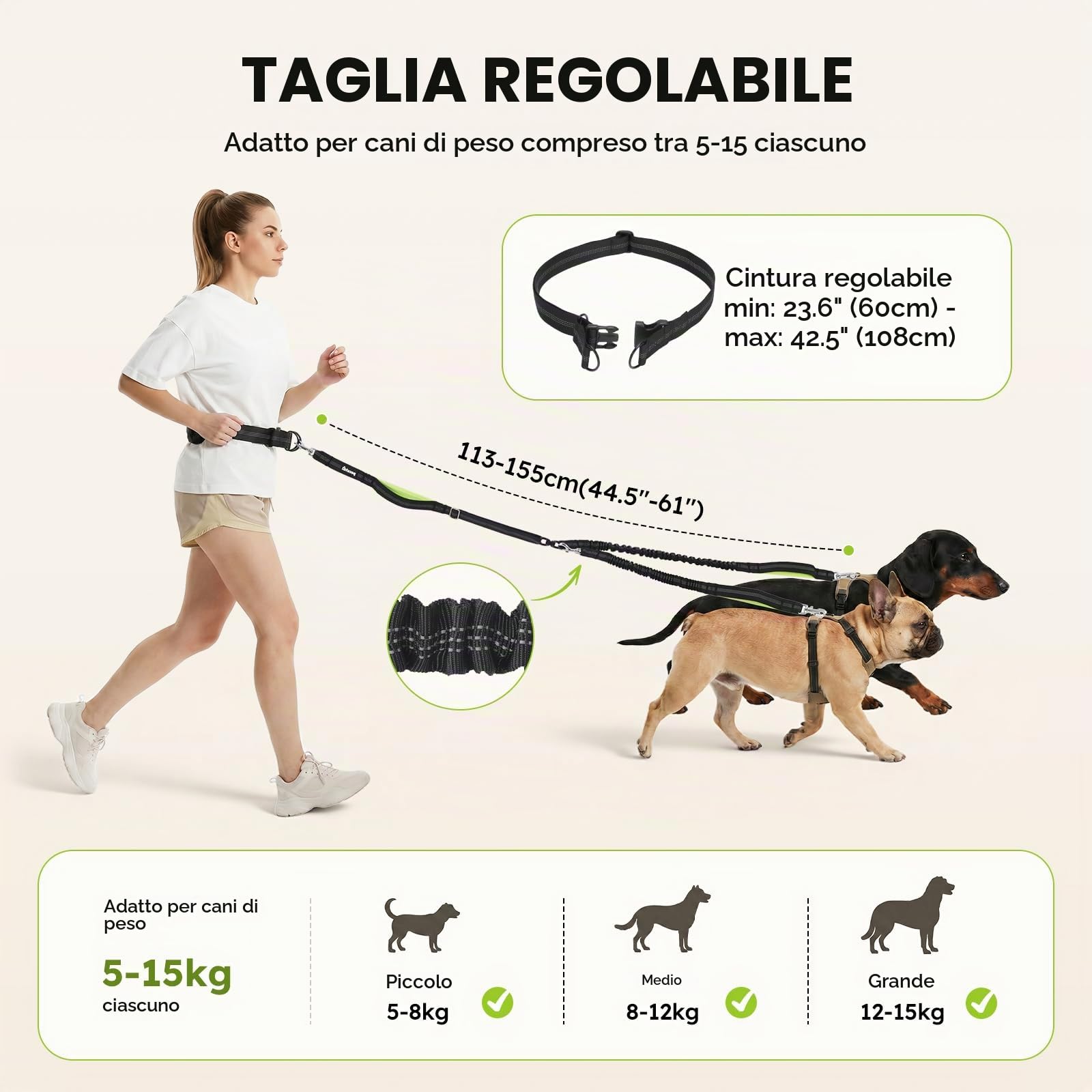 Pecute Guinzaglio Doppio per Cani Mani Libere con Borsello Impermeabile | Guinzaglio Anti Tiro con Corda Elastica e Doppi Manici Riflettenti per Cani 5-15kg