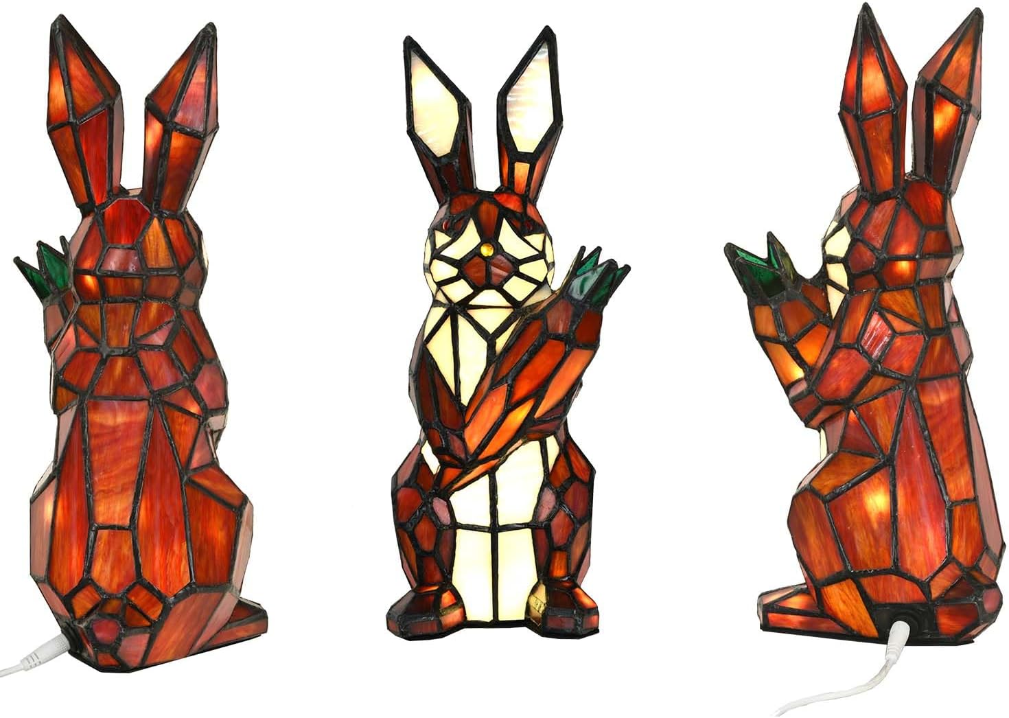 Bieye L10946 Rabbit Holds Carrot Tiffany Style Stained Glass Accent Table Lamp for Home Decor (Red)