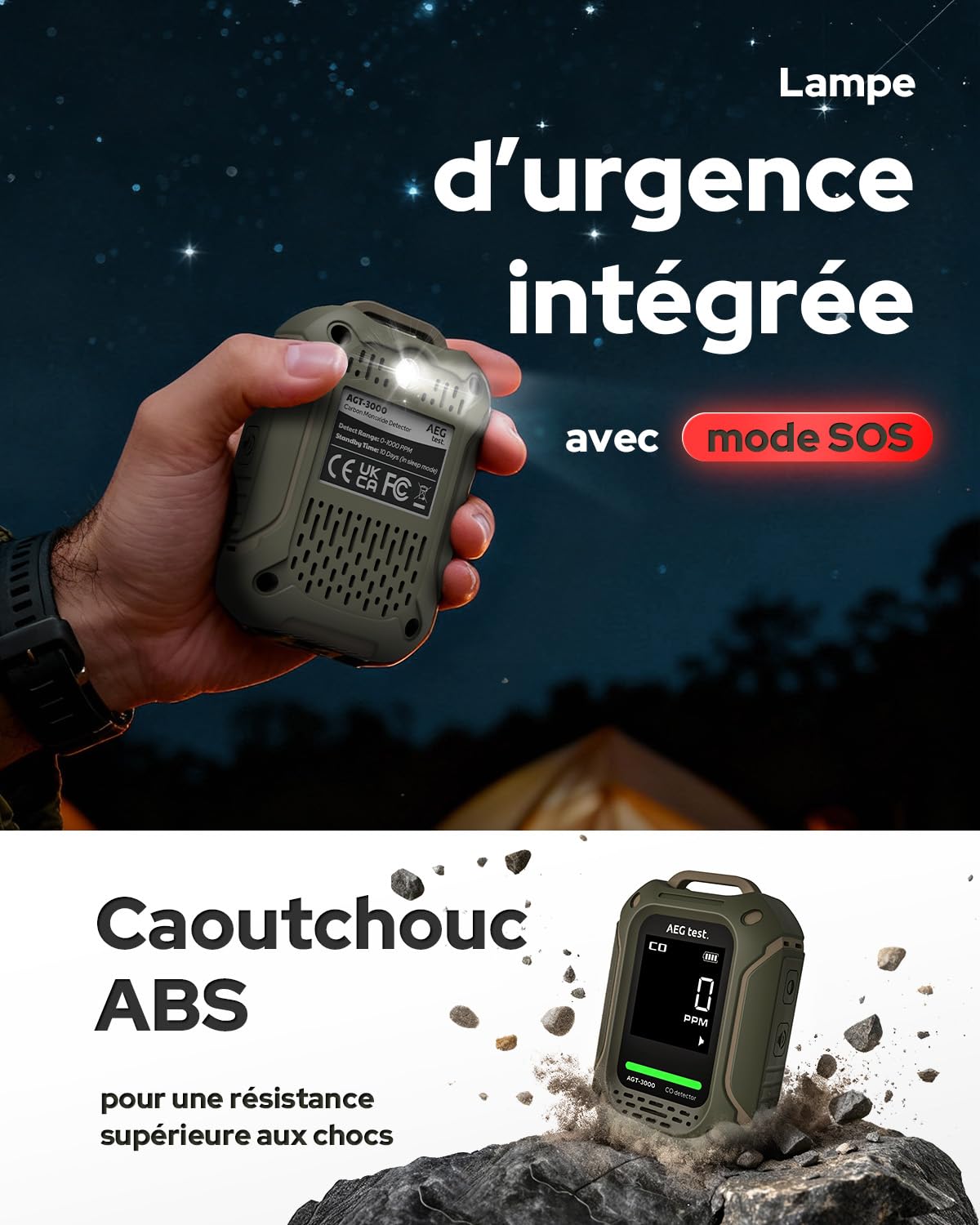 AGT-3000 Détecteur de monoxyde de Carbone Portable, Veille 240 h, capteur CO amélioré pour Voyage, détecteur CO Rechargeable avec alertes sonores et visuelles pour Camping, 0–1000 ppm