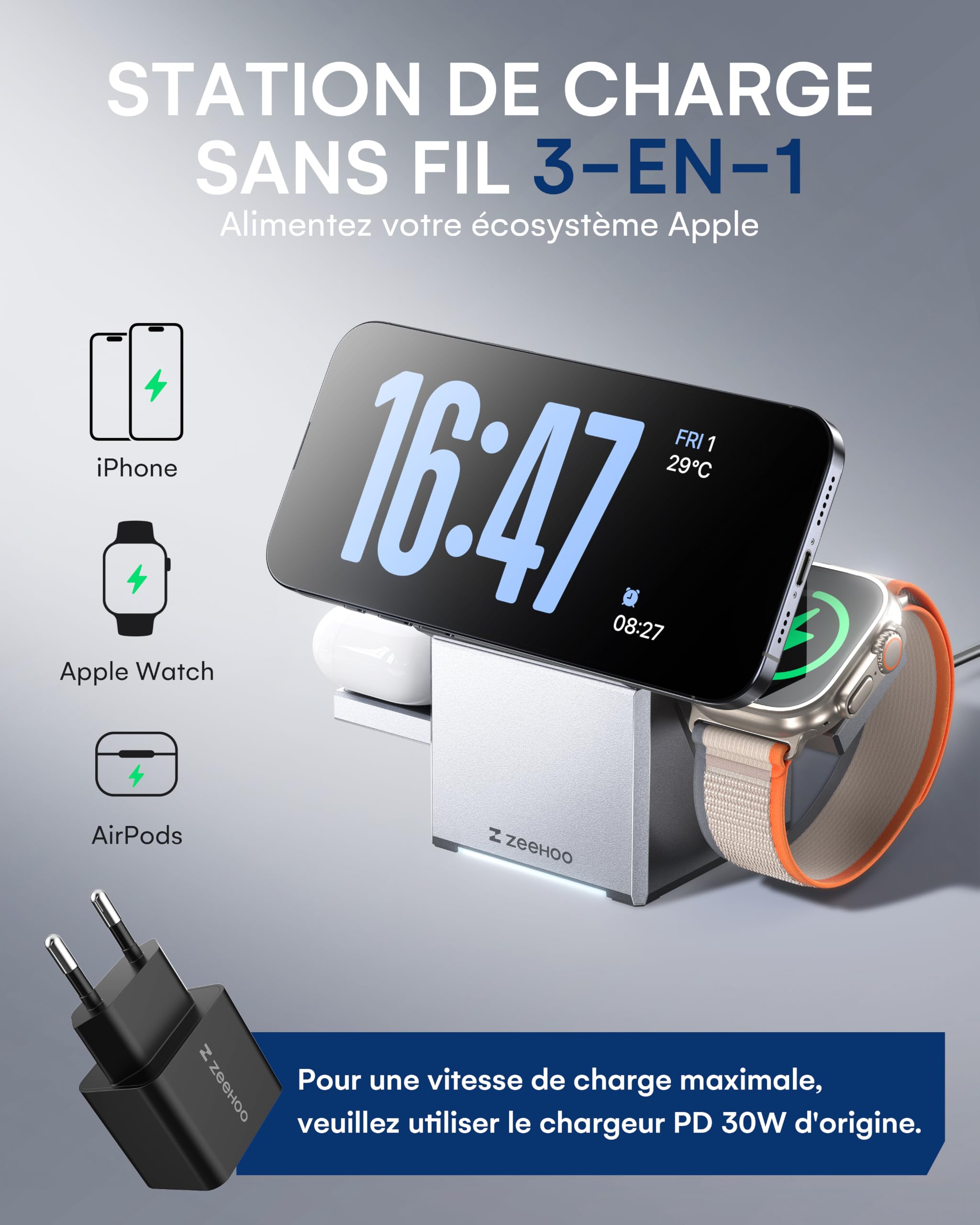 ZEEHOO Station de Charge 3 en 1 pour Apple, iPhone, Support de Chargeur Rotatif sans Fil pour iPhone 16, 15, 14, 13, 12, Apple Watch, AirPods (Chargeur USB-C Inclus)