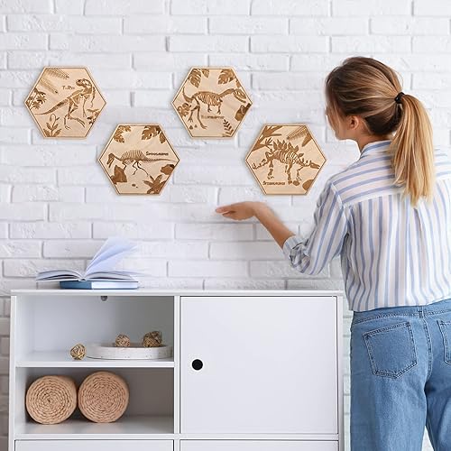 Miniatura 4 de Maitys 4 piezas de decoración de pared de dinosaurio para niños de 5.1 x 5.9 pulgadas, arte de pared de dinosaurio de madera para niños, guardería,