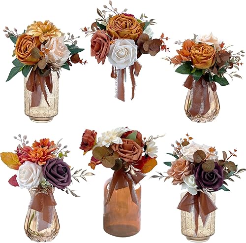 CherishedMoments Juego de 6 centros de mesa de flores surtidas, mini flores florales para decoración de mesa de boda de otoño, ramos de naranja