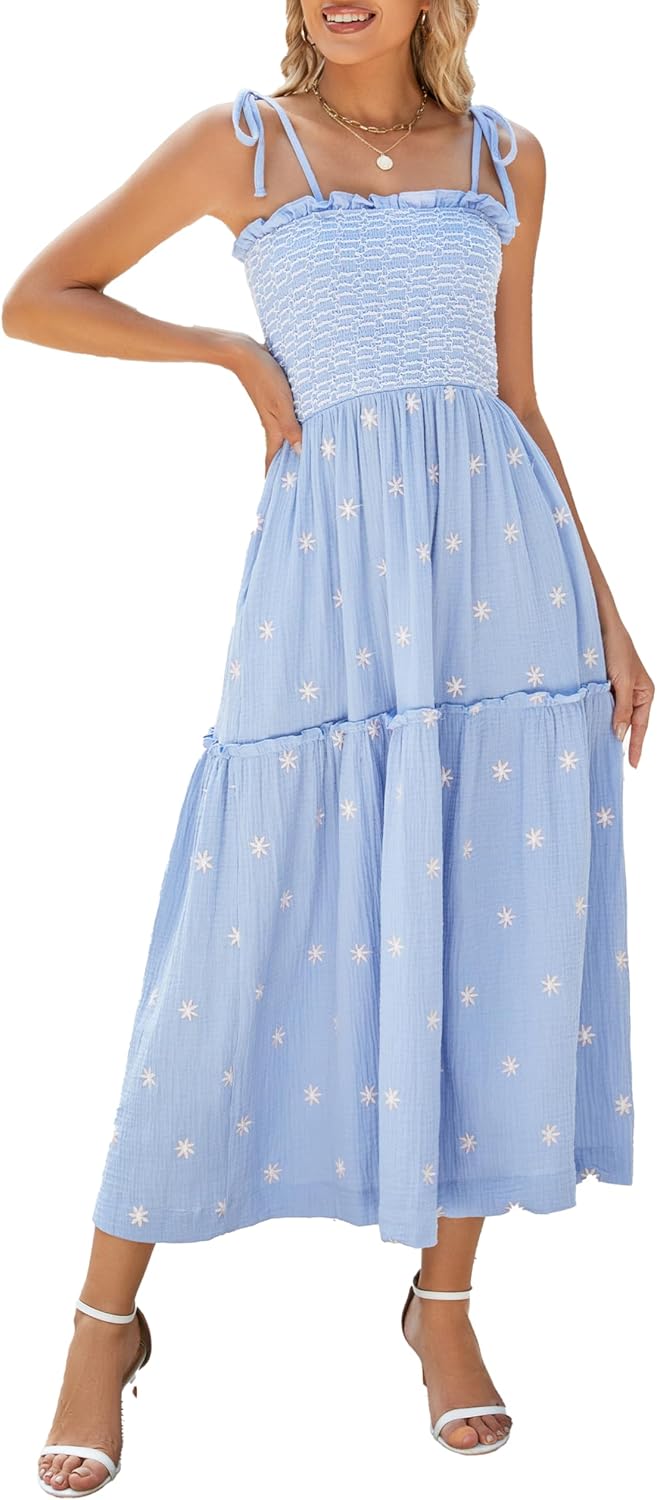 Women Floral Embroidered Maxi Dress Sleeveless Tie Shoulder Smocked Flowy Dress Boho Summer Sundresses with Pockets
