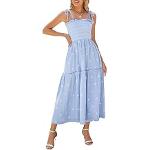 ABYOVRT Women Floral Embroidered Maxi Dress Sleeveless Tie Shoulder Smocked Flowy Dress Boho Summer Sundresses with Pockets
