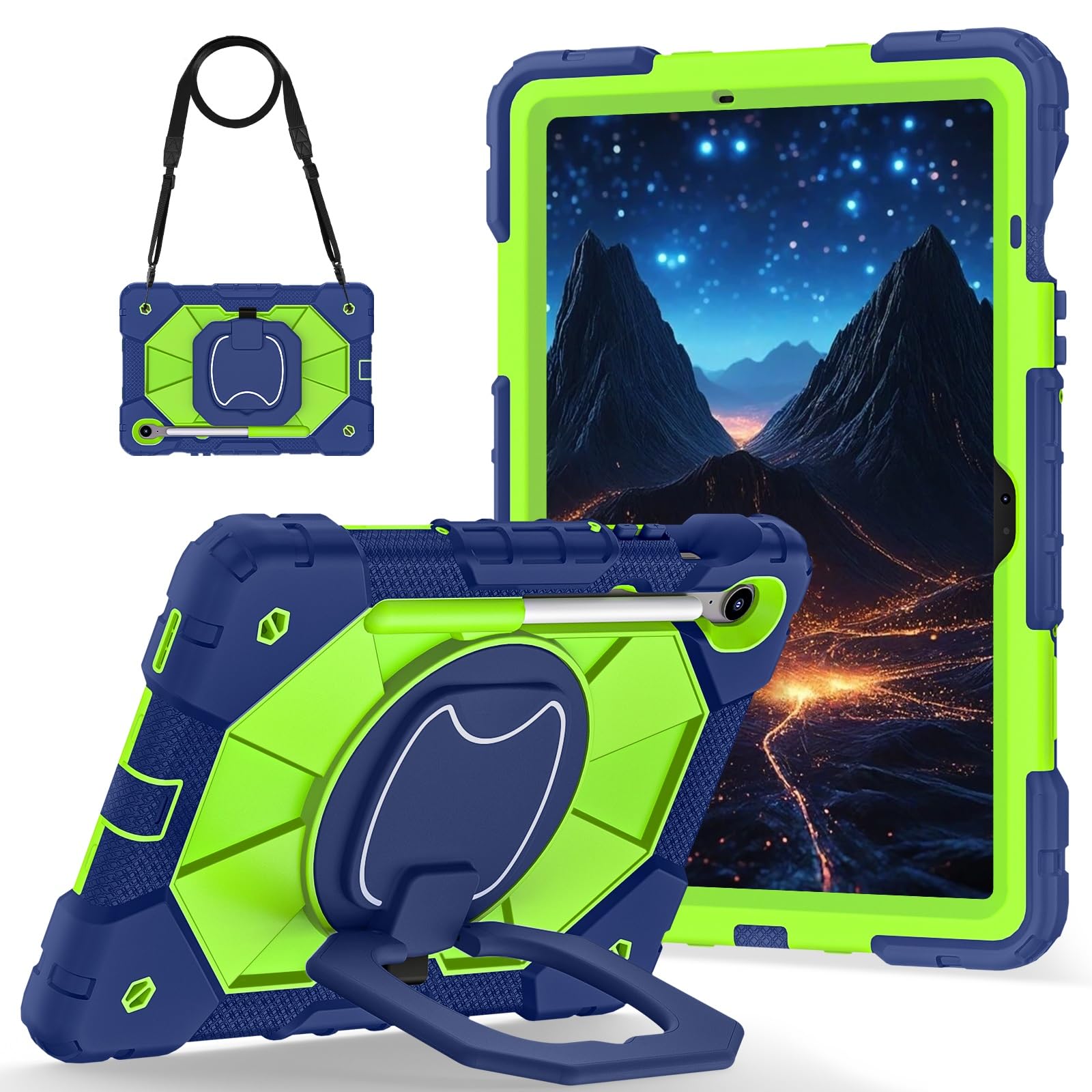 Etui do tabletu Samsung Galaxy Tab S10 FE 10,9" X520/X526B/X528U (2025) Wytrzymała, odporna na wstrząsy obudowa, etui ochronne z obrotową podstawką 360° + pasek rękę + ramię(Yellow Green 1)
