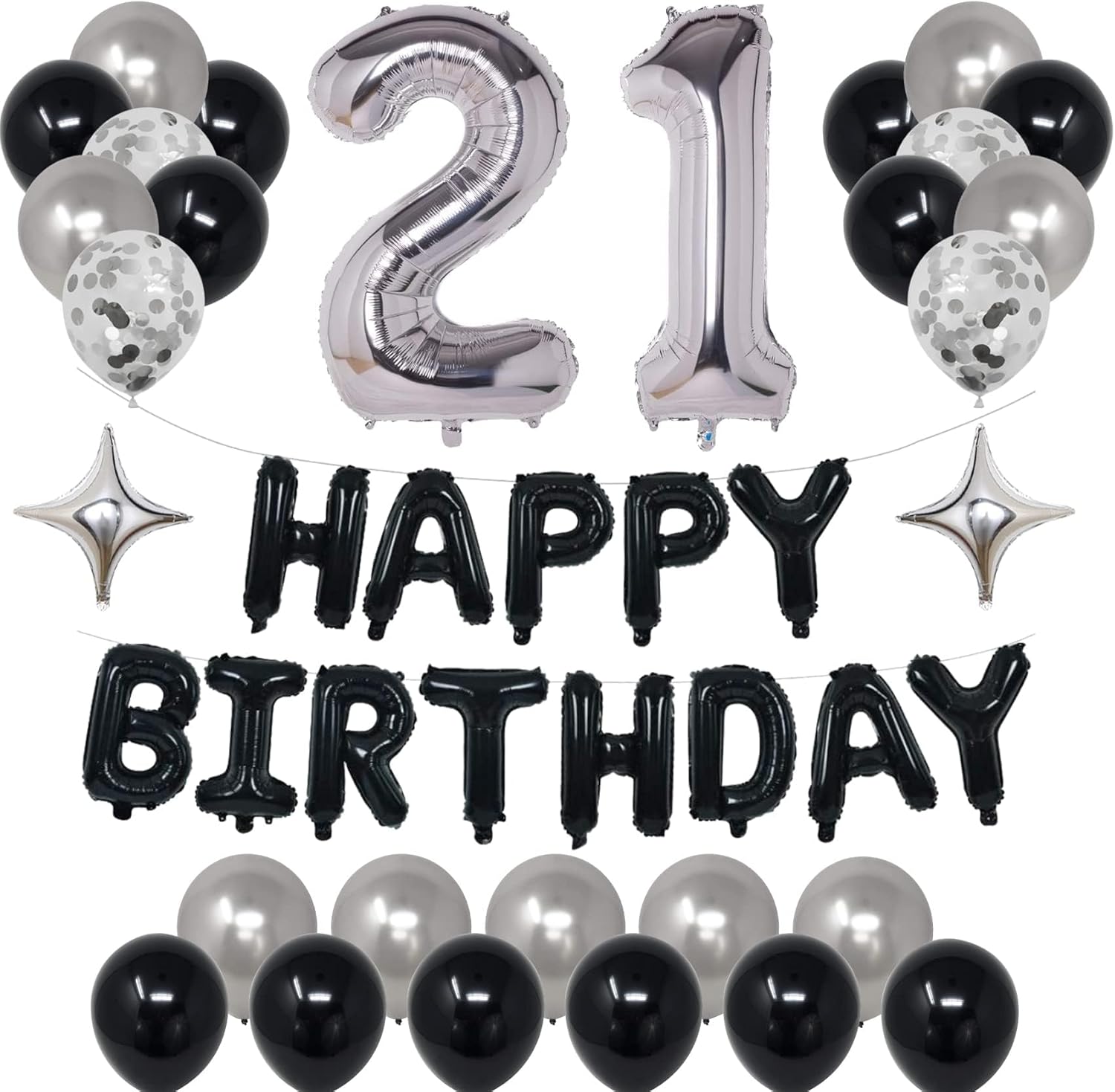 21st Black Silver Birthday Party Decorations, Silver Foil Stars & Birthday Balloons for Men & Women