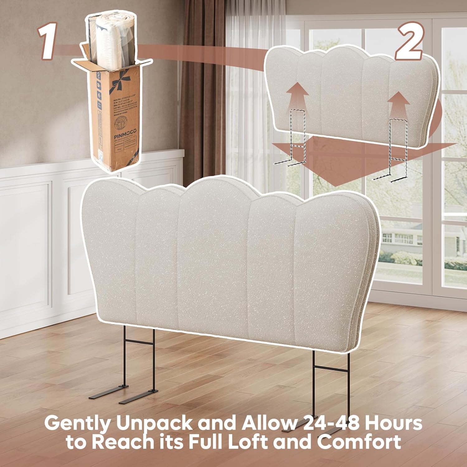 Pinmoco Full Size Upholstered Headboard Beige Scalloped Modern Padded Bed Backboard, Wall Mounted Decorative Headboard for Full Bed Frame Bedroom