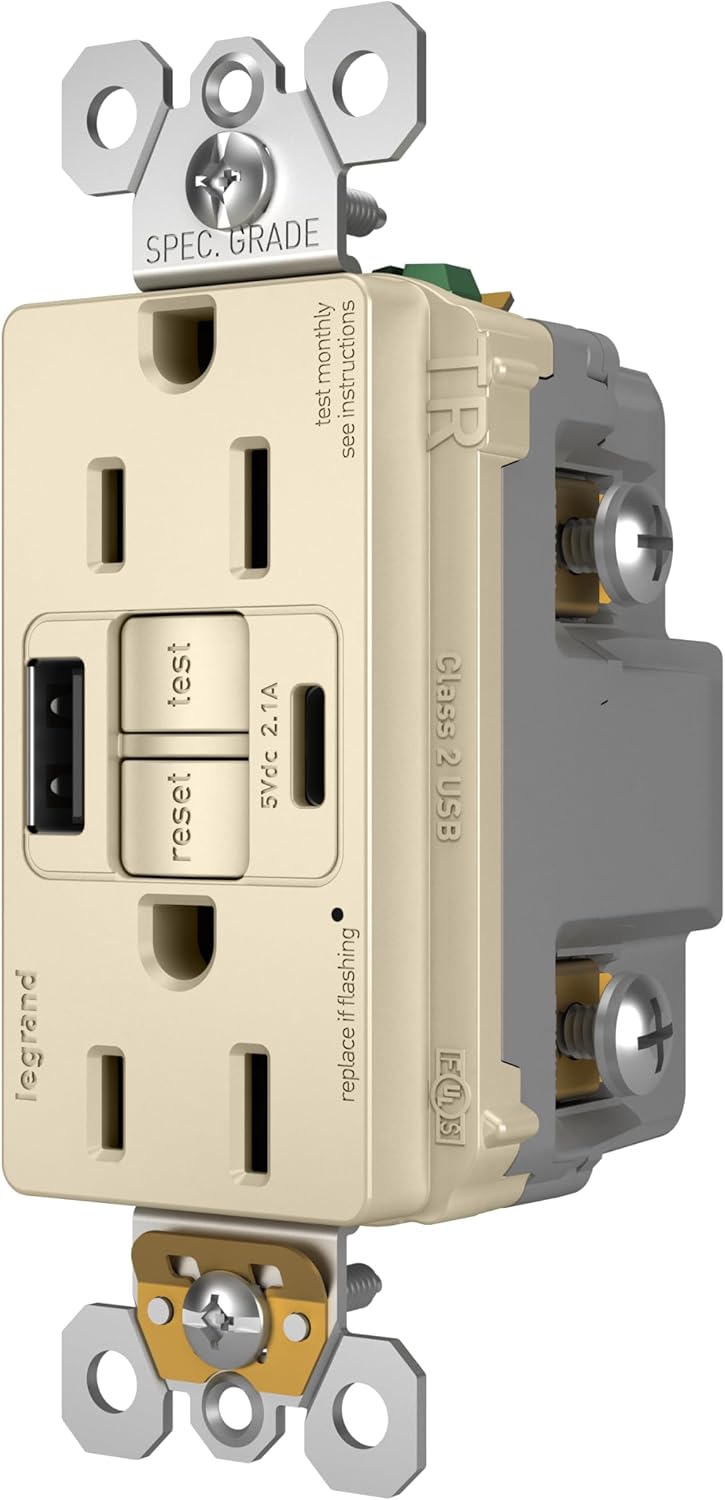 Legrand Pass & Seymour Radiant 15 Amp GFCI Wall Power Outlet with 2.0 Amp USB A/C Charger, Light Almond