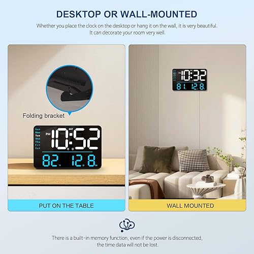 Miniatura 7 de Reloj de pared digital, reloj LED con control remoto, reloj digital con pantalla grande con fecha, semana, temperatura para decoración de sala de