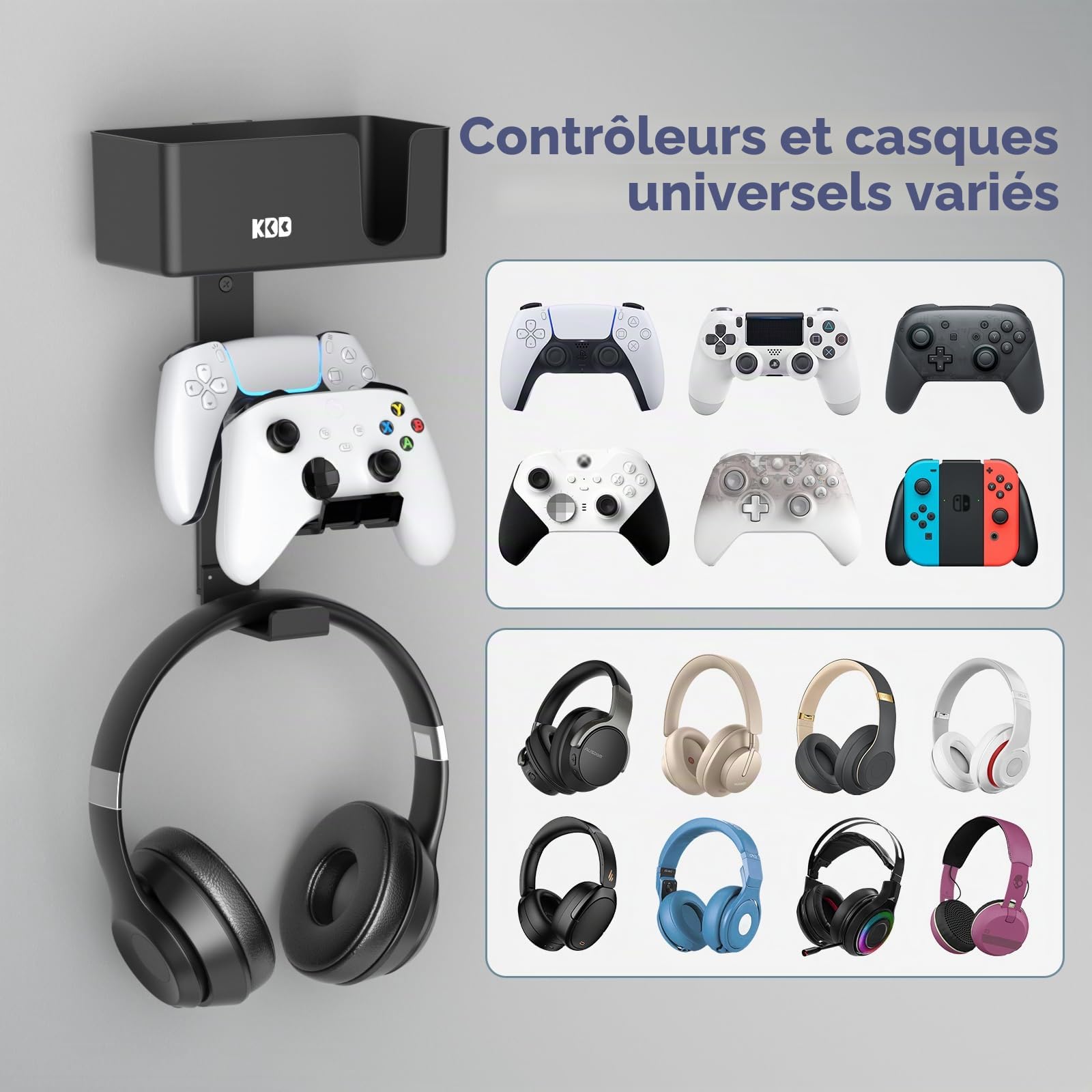KDD Support Mural pour Manette 4-en-1, Support Contrôleur Double et Support Casque avec Patins Antidérapants, Rangement de Manette Amovible pour PS5 PS4 avec Organisateur de Bureau pour Bureau Chambre