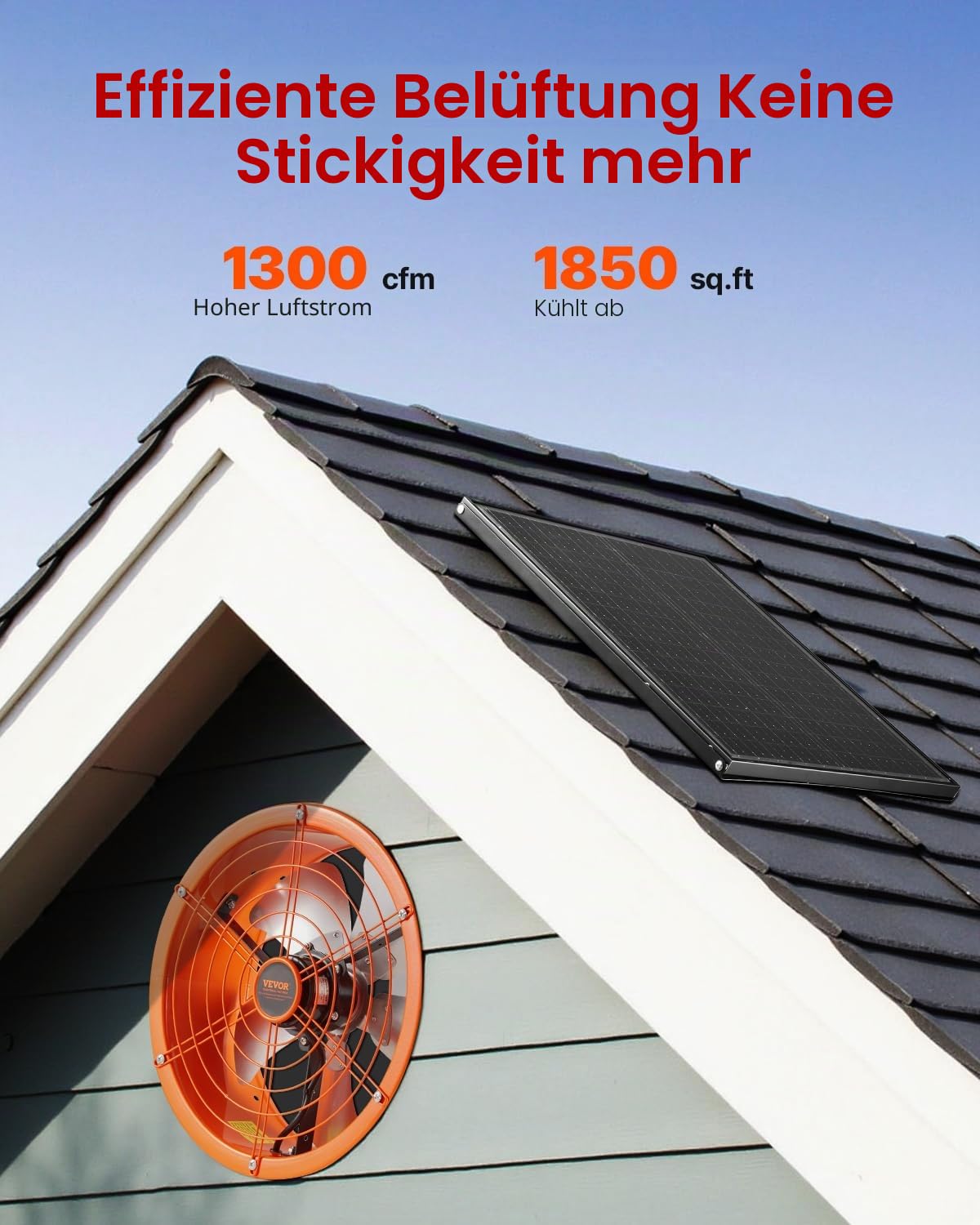 VEVOR Solar Ventilator, 400 x 150 mm, Solar Powered Fan, Dachbodenabluftventilator mit einstellbarem Thermostat, Außengitter, 1300 CFM Luftstromkapazität, für Giebel, Dach, Garage, Werkstatt