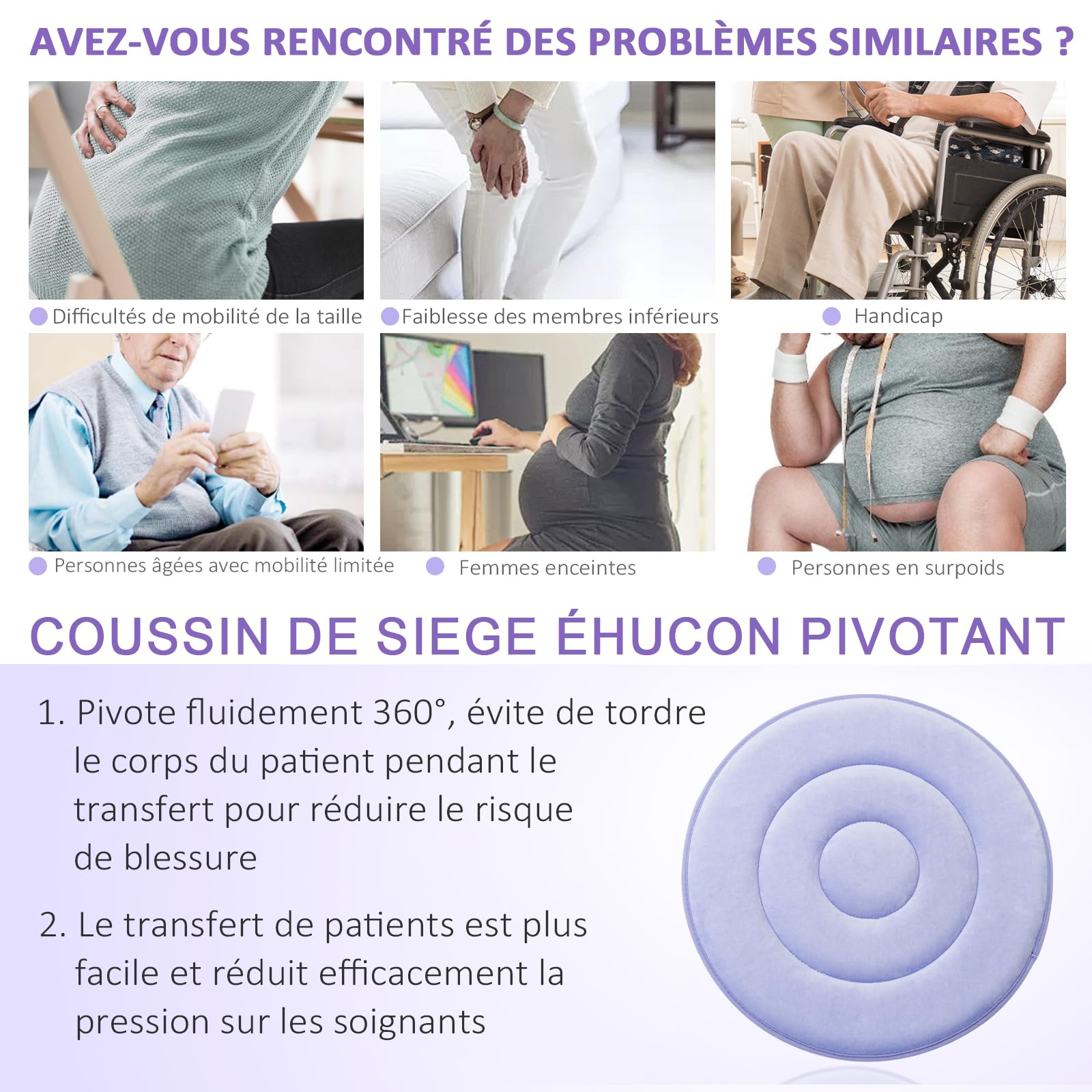 Assise Pivotante Ehucon 360 Degrés pour Personnes Âgées, Femmes Enceintes, Personnes Handicapées, Facilitant le Transfert du Lit au Fauteuil Roulant ou à une Chaise (Violet, 50cm)