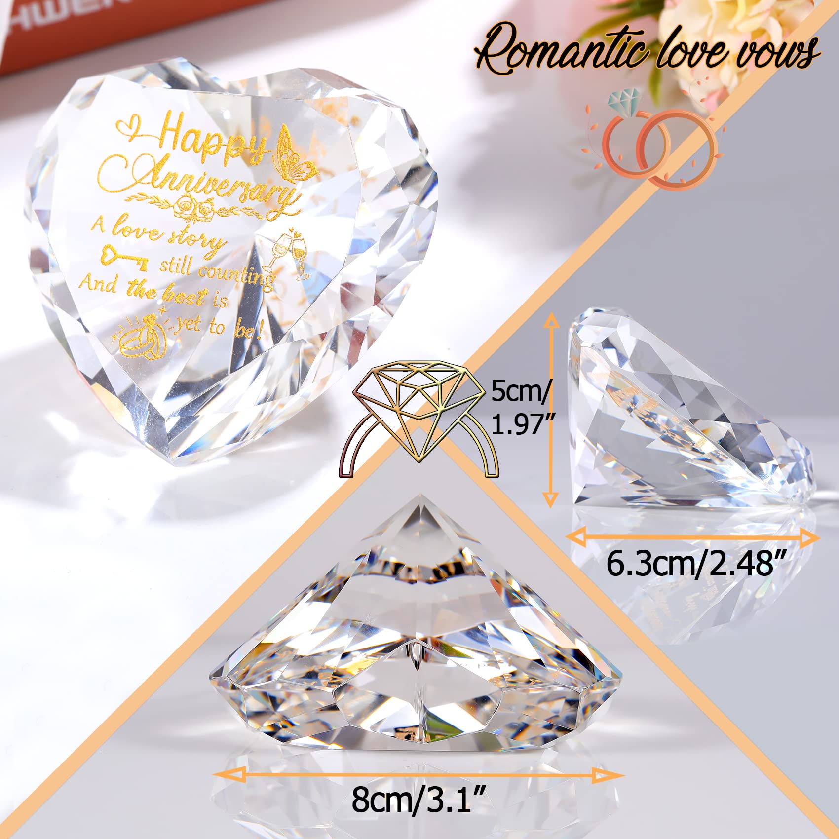 Wedding Anniversary Heart Gifts for Her Him Happy Anniversary Presents for Women Wife Crystal Heart Diamond Paperweights Ornaments - Image 4