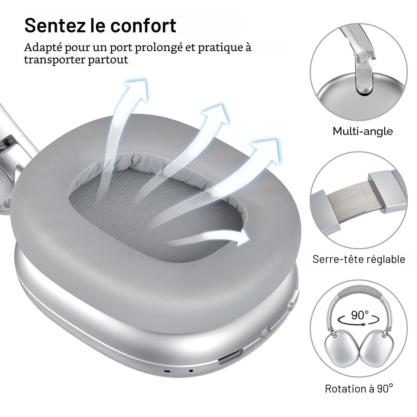 Casque Audio C6 à réduction Active du Bruit, Casque Bluetooth Supra-auriculaire sans Fil, Design Pliable léger, Oreillettes Confortables avec Basses Profondes, avec Micro Argent