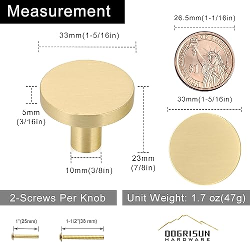Miniatura 3 de QOGRISUN Paquete de 5 pomos de latón macizo de 1-516 pulgadas de diámetro, manijas redondas doradas para cajones de tocador, accesorios de cocina
