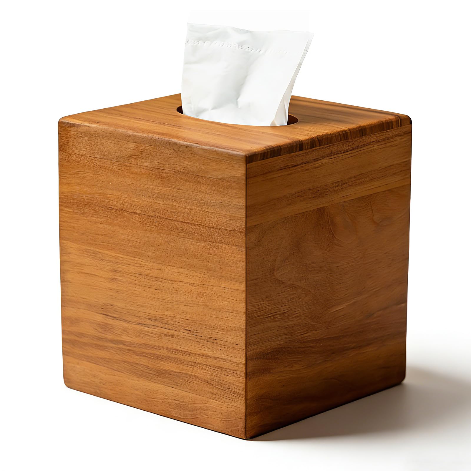 Photo 1 of **HAS A CRACK*** Chicvilla Tissue Box Cover Square, Teak Wood Tissue Box Holder with Slide-Out Bottom, Wooden Tissue Box Cover Cube for Bathroom, Bedroom, Dinner Table, 5.5 x 5.5 x 6.1 inches