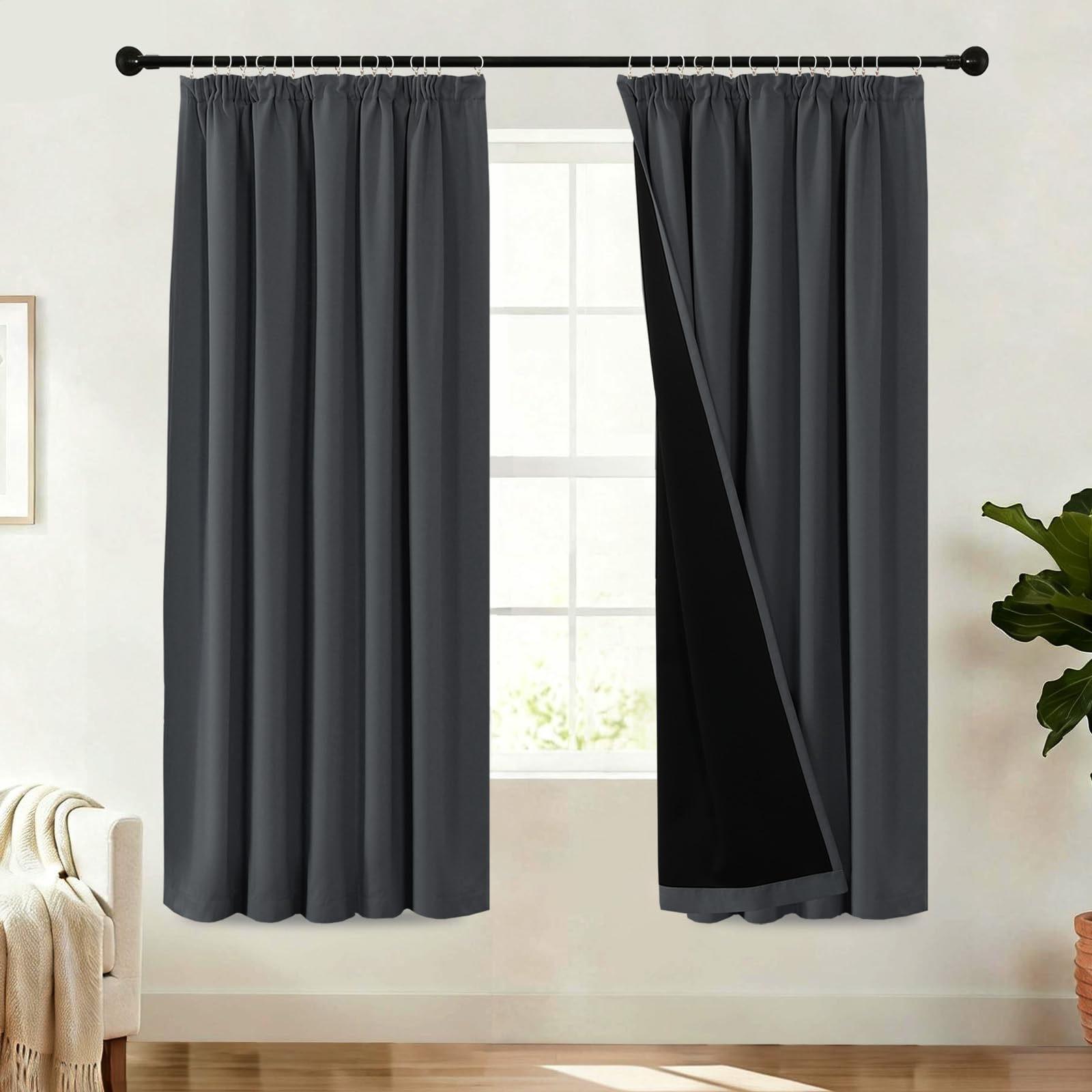 BellaHills 100% Blackout Curtains for Bedroom Thermal Insulated Curtains & Drapes for Living Room Black out Window Curtain with Hooks Pencil Pleat Back Tab Rod Pocket 2 Panels,W66 X L72,Charcoal Grey — image 1