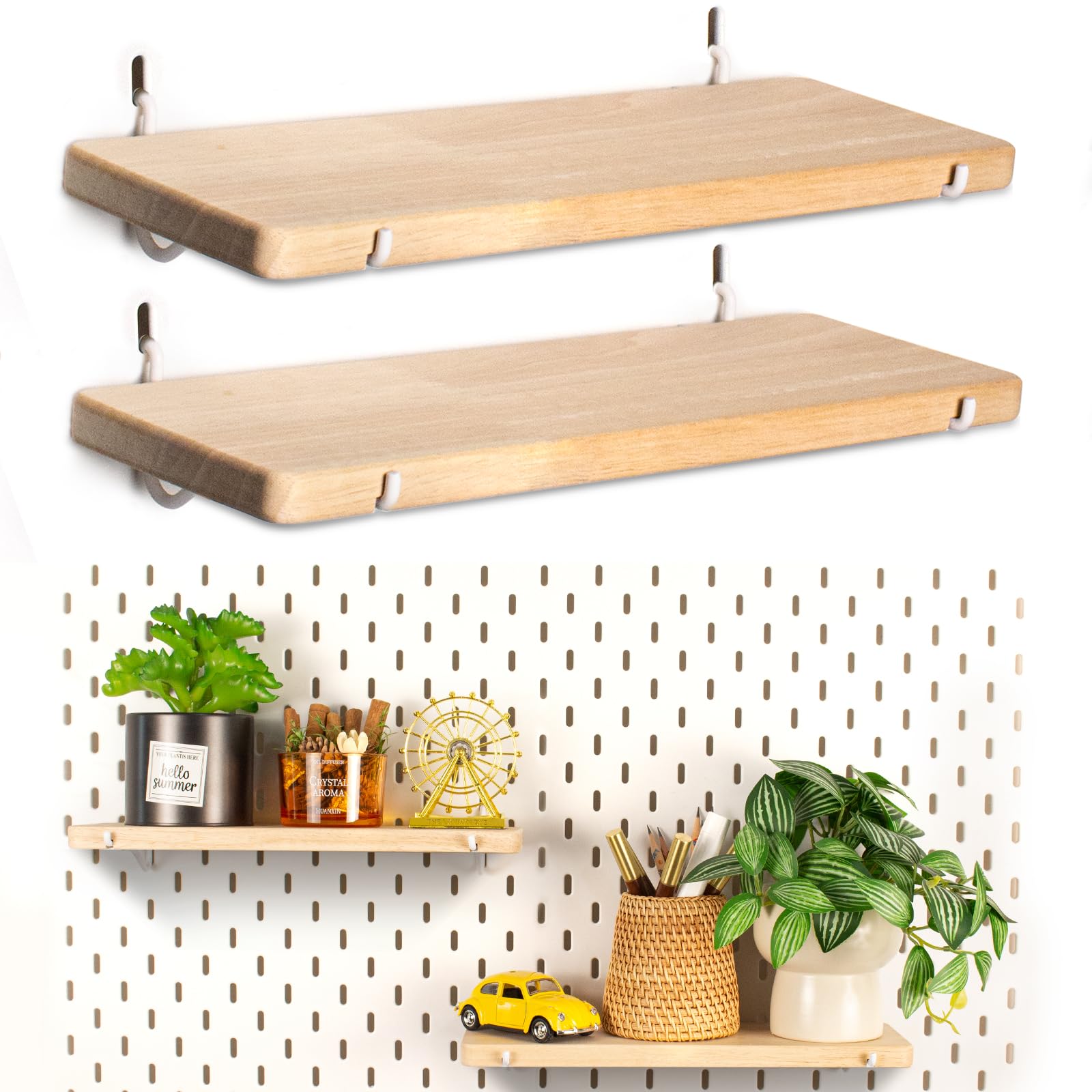 SEMPOMA 2 Pack Pegboard Shelves, Solid Wood Wall Shelf with Hooks, Compatible with IKEA Skadis Pegboard