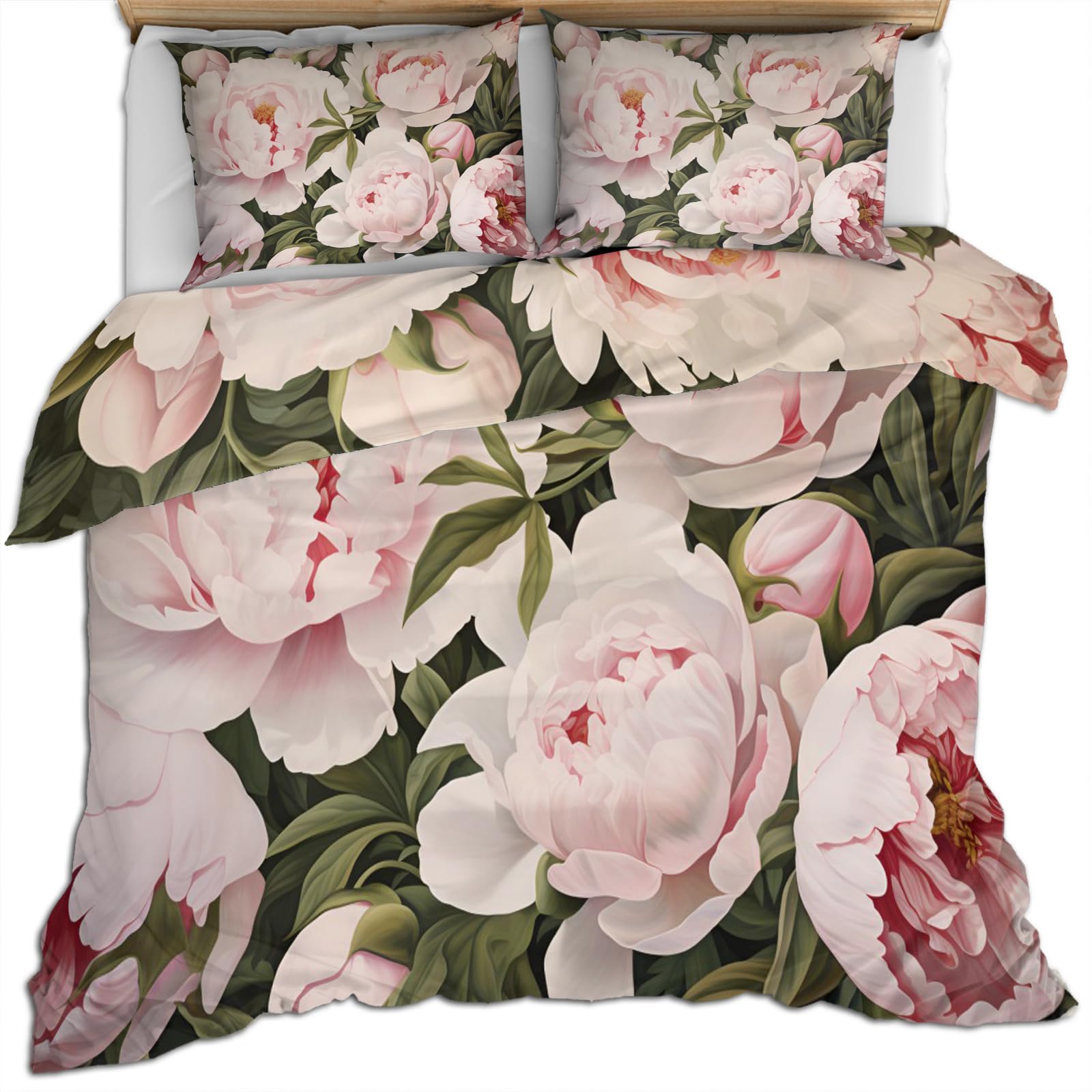 HYGIUID Rustic Florals Bedding Set Pale Pink Peony Duvet Cover with 2 Shams Country Flowers Soft Lightweight, Easy Care for Adults Guest Rooms (King 220x230cm)