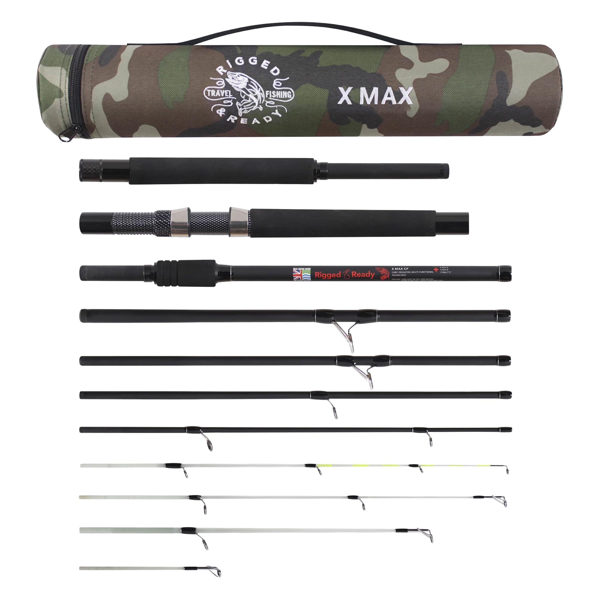 X MAX C-P Carp, Predator Fishing Rod. Unique, Super Compact, Multi-Function Rod. 1 Rod 9 combinations. 3 lengths 9’ 270cm, 8’ 245cm, 7’ 3” 230cm, 4 cast weights