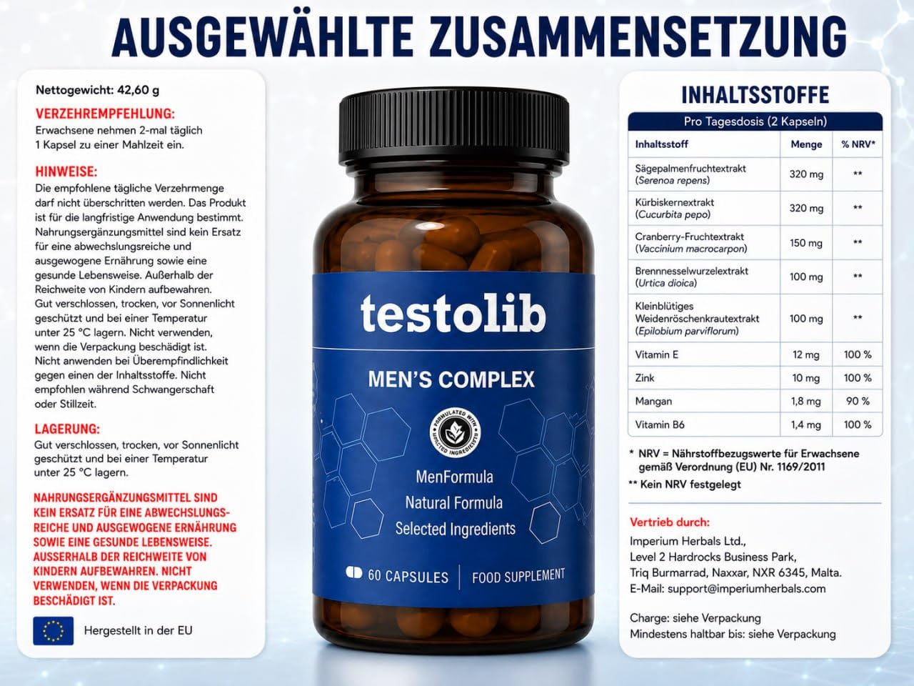Testolib Kapseln – Nahrungsergänzungsmittel für Männer – 60 Kapseln – mit Sägepalme, Kürbiskern, Maca, Zink, Vitamin D3, Vitamin B6, Selen & Pflanzenextrakten
