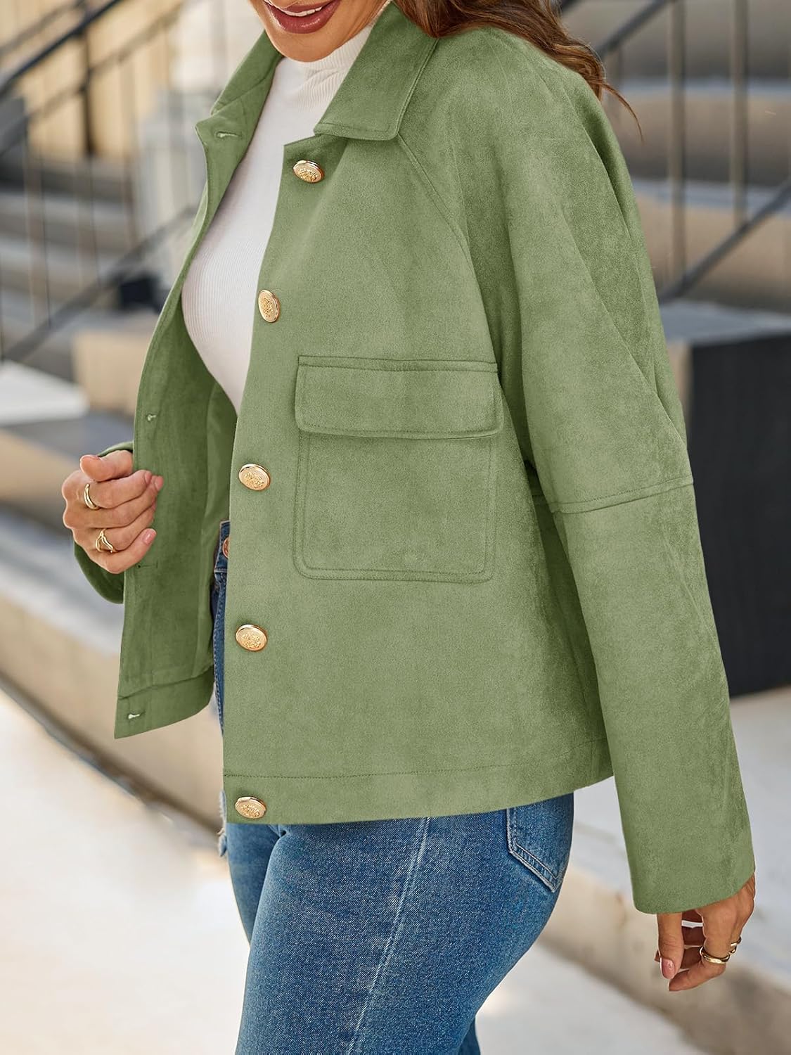 Cicy Bell Womens Faux Suede Leather Jackets Oversized Cropped Casual Lapel Collar Button Down Spring Vintage Shackets - Image 3