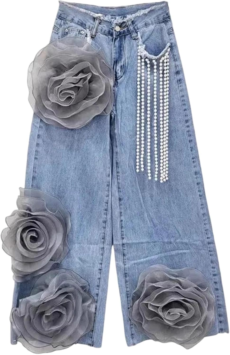 Women's High Waist Wide-Leg Casual Jeans Featuring and Three-Dimensional Flower Details with A Button Fly Closure