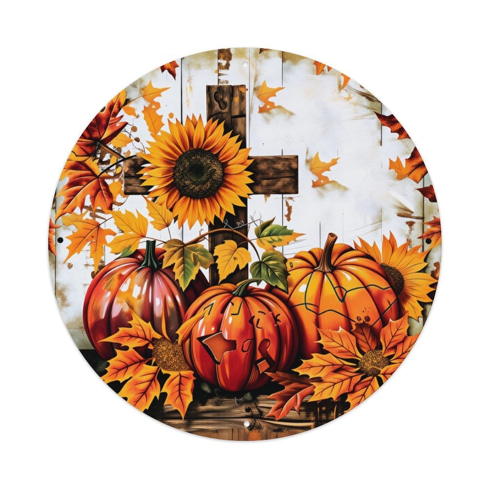 Autumn Pumpkins Sunflowers Leaves Wood Round Tin Sign Vintage Metal Sign Home Bar Garden Indoor & Outdoor Wall Decor Retro Metal Poster 8x8 Inch