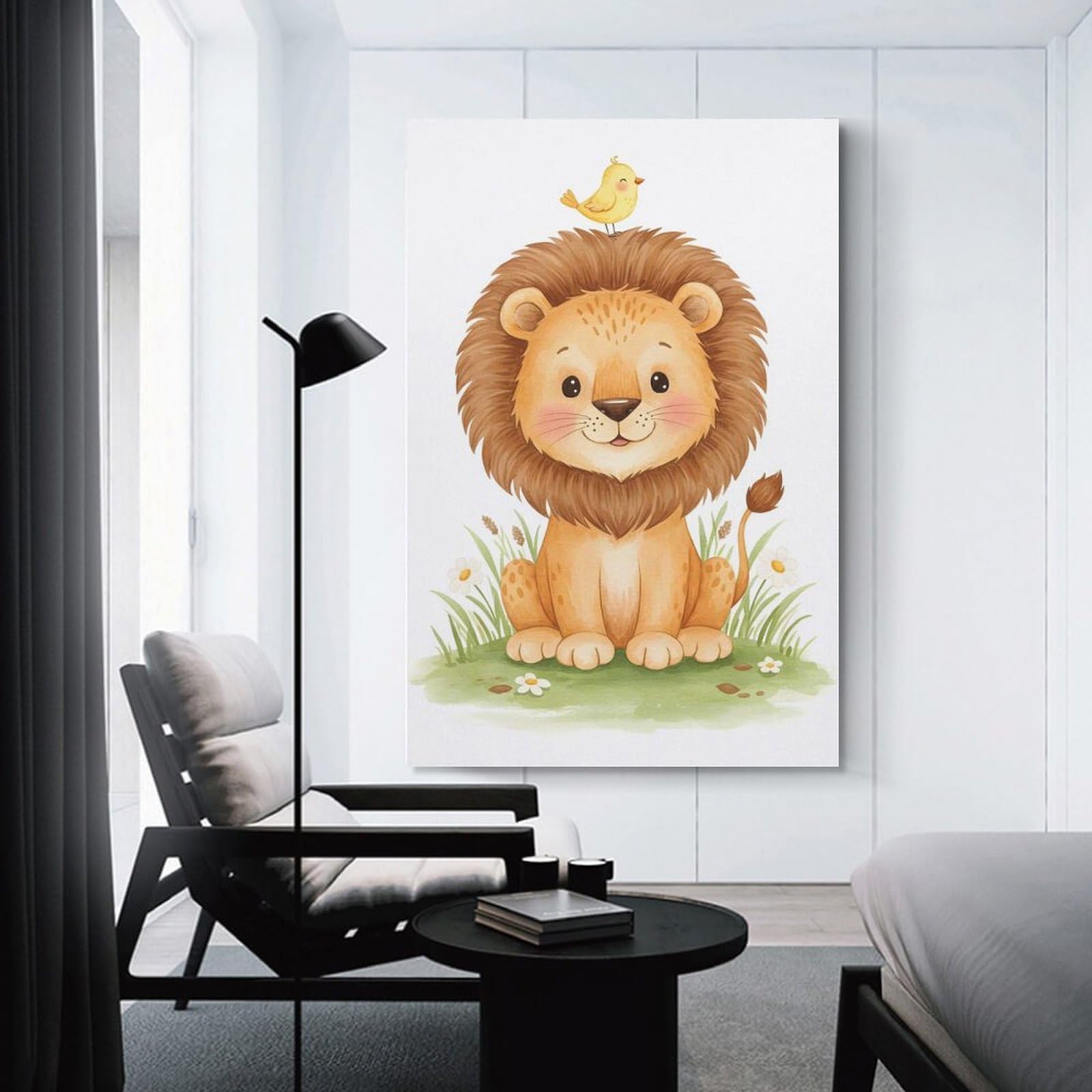 Junmoney Hanging Wall Art Cute Lion with Bird, 08x12inch(20x30cm), for Wall Displays, Bedrooms Or Room Updates, Decorative Artwork with Flexible Styling