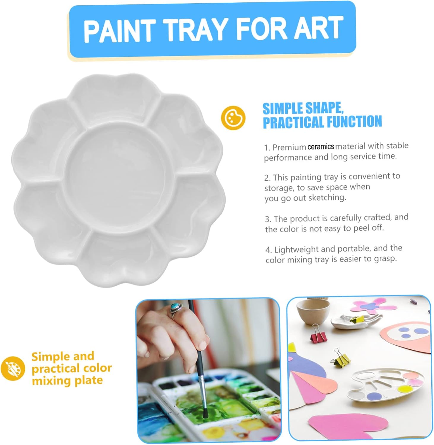 Gadpiparty Ceramic Plum Blossom Shaped Paint Tray for Watercolor Mixing Lightweight Durable Palette for Boy Girl Students Artists DIY Crafts and Outdoor Painting