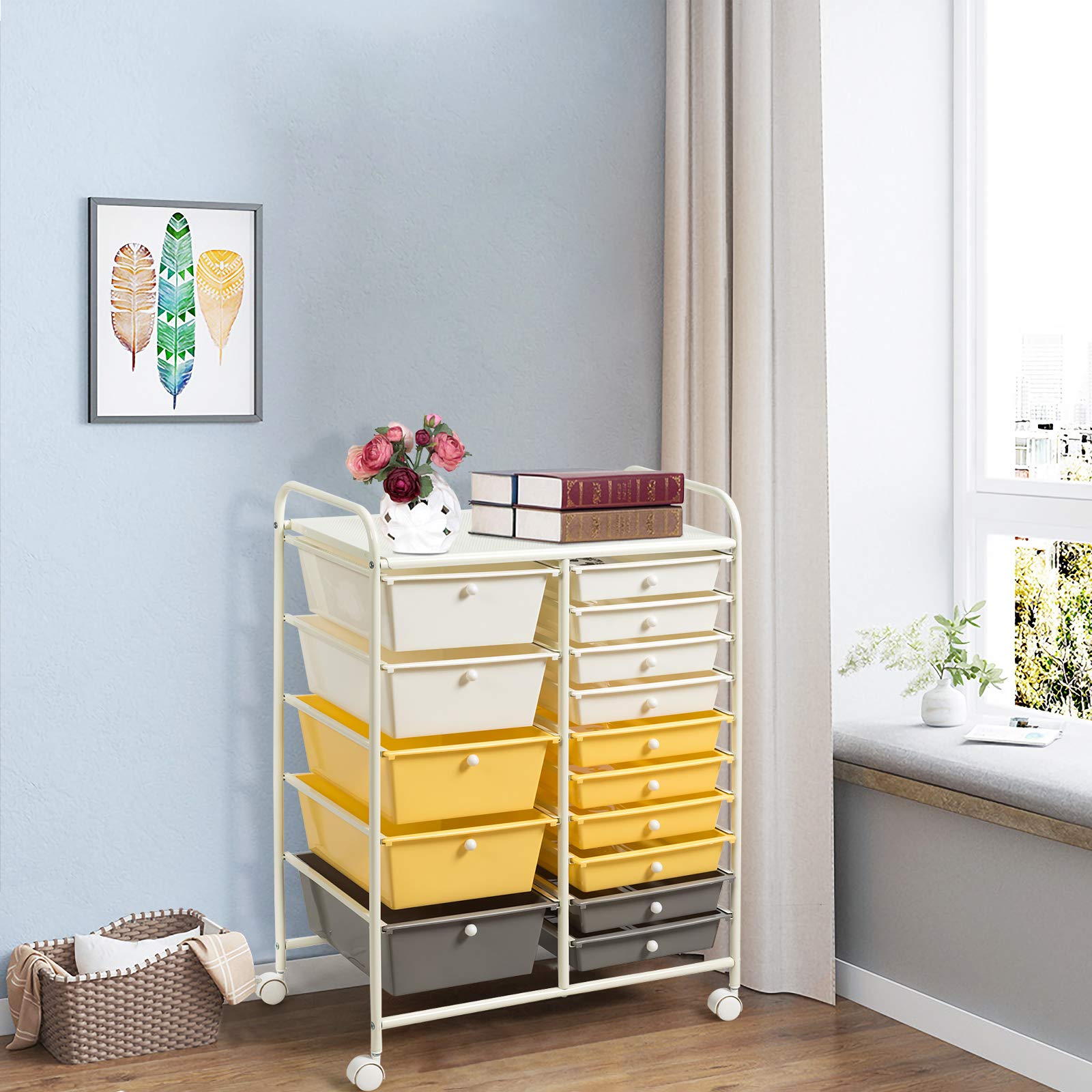 GIANTEX 15 Tiroirs Chariot de Rangement,Tour de Rangement Bureau sur Roulettes, Multifonctionnel Desserte à Roulettes Verrouillables avec Cadre Métal, pour Salon,Chambre 63x37x87CM (Jaune)