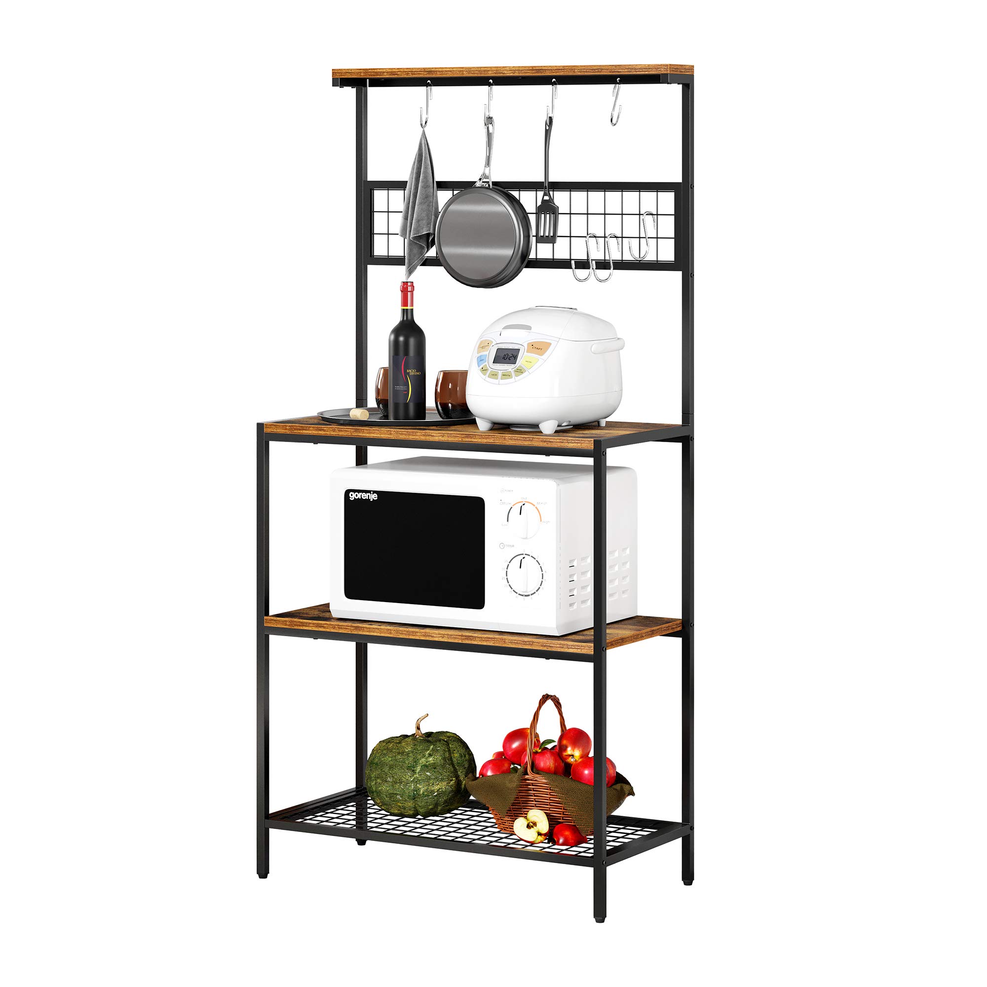 JEROAL Kitchen Bakers Rack, Microwave Oven Cooking Stand with Hooks, Industria StorageShelf with Mesh Panel and 3 Storage Shelves, Rustic Brown