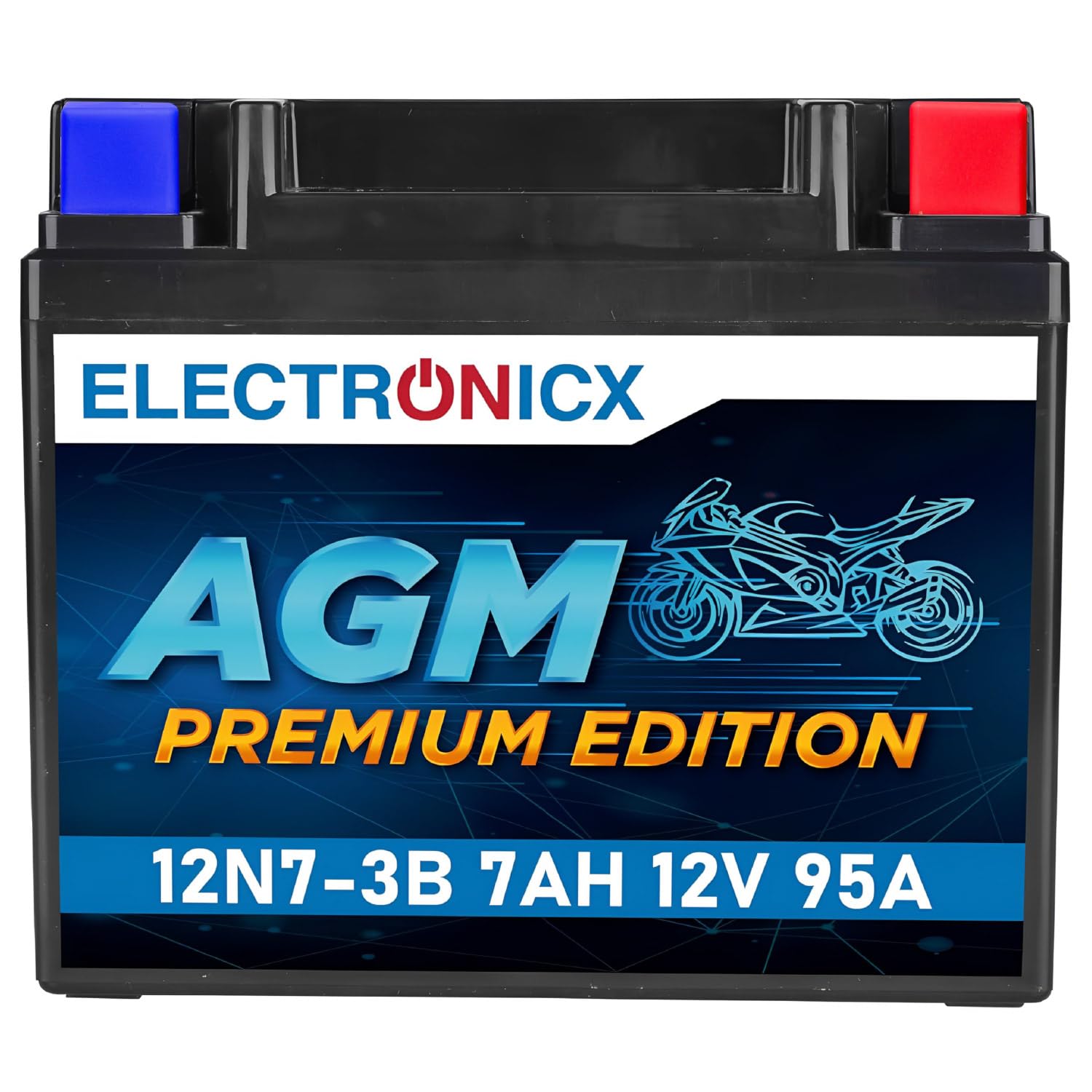 Electronicx, AGM, batterie moto 12N7-3B 12V 7Ah 95A – sans entretien, scellée, étanche et compacte. Idéale pour scooters, quads et motos. Puissance de démarrage fiable et longue durée de vie.