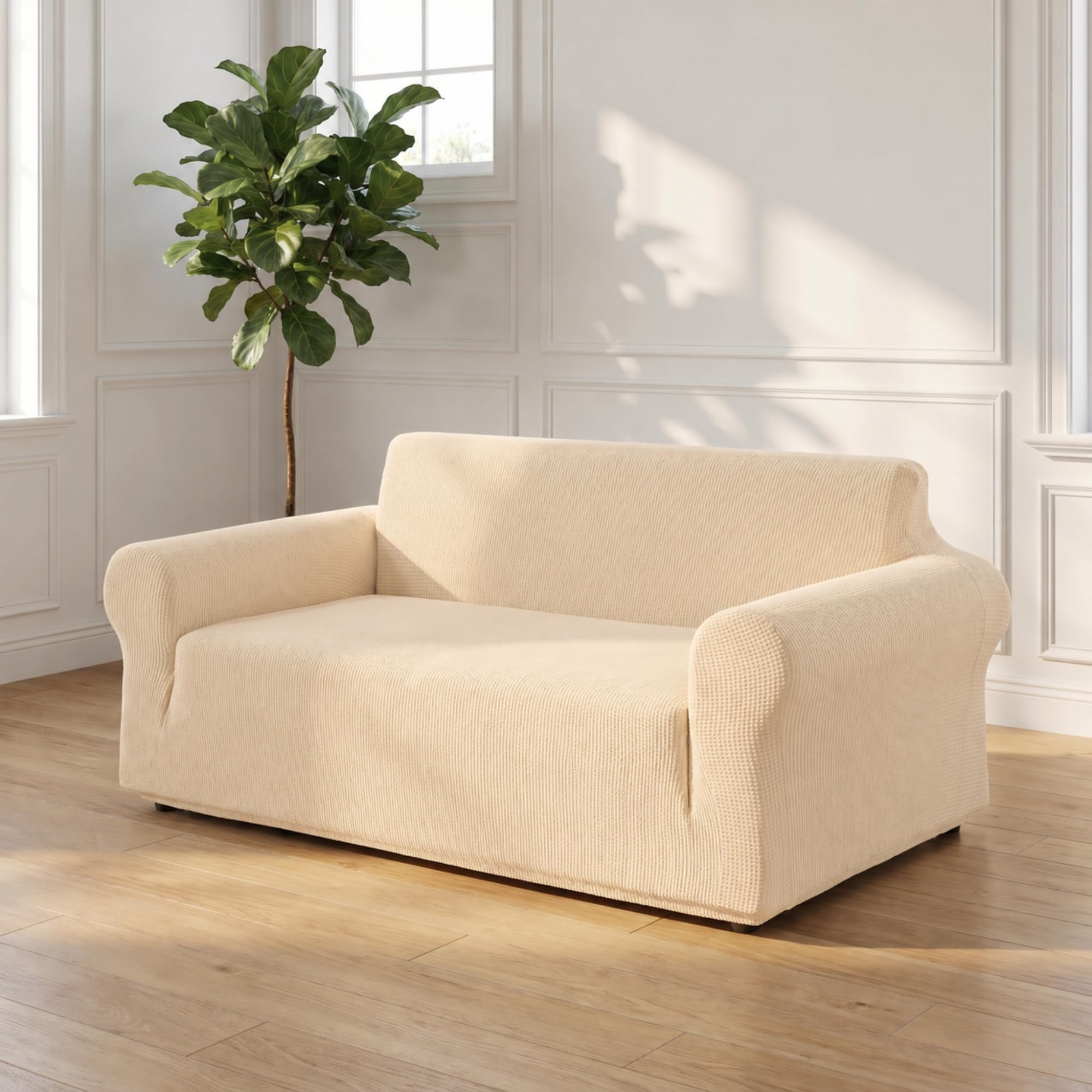 VKZ Funda de Sofá Ajustable, Cubresofa para 2 Plazas,Funda Sofá Protectora y Decorativa, Fácil de Colocar y Lavar,Beige