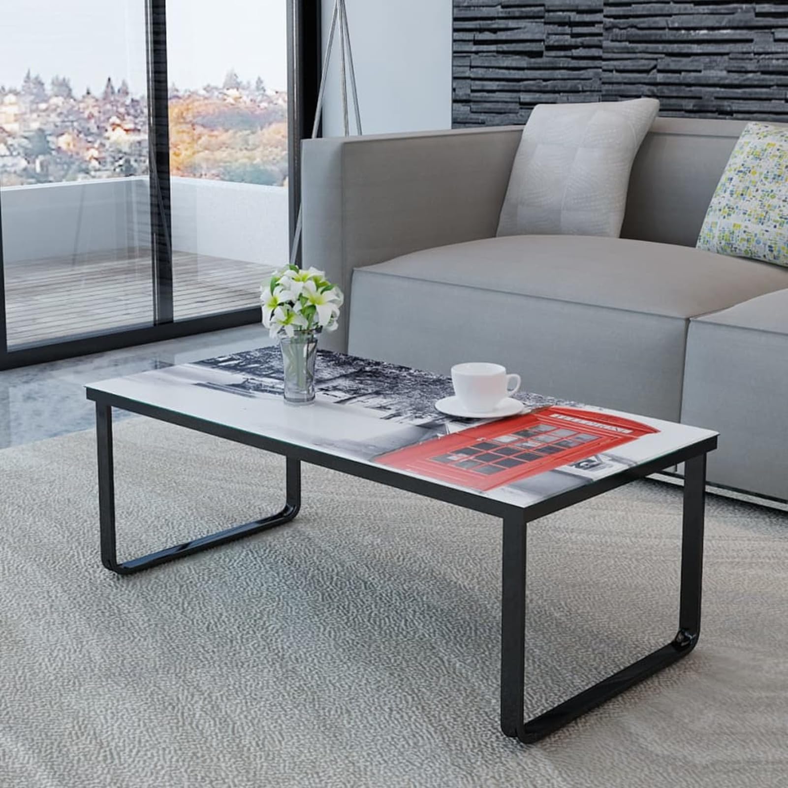 Homgoday Table basse avec impression cabine téléphonique, table d'appoint en verre, table d'appoint pour salon, salle de réception d'invités, chambre à coucher et mobilier de bureau