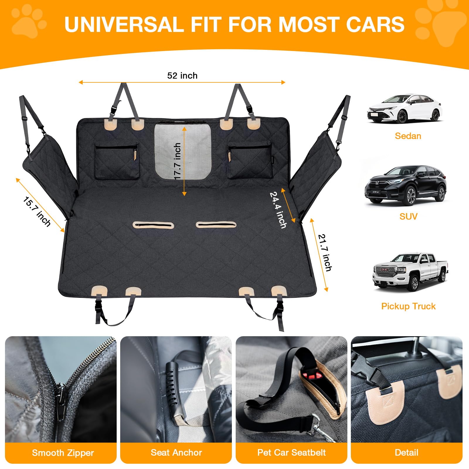 COMPAWNY Dog Car Seat Cover, Hard-Bottom Back Seat Extender for Pets, Waterproof Nonslip Hammock for Car, Backseat Dog Bed for Cars SUVs Trucks, Car Seat Protector, Universal Fit 52 x 25 in, Black - image 7