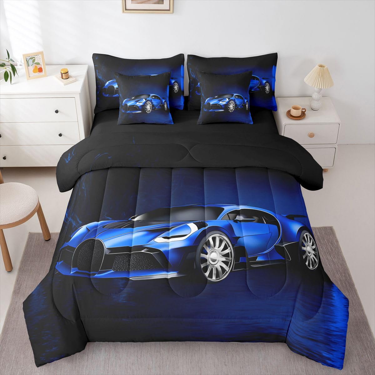 Feelyou Sports Car 7 Piece Bedding Set Blue Race Car Comforter Set with Sheets for Kids Boys Girls Extreme Sports Theme Bed in a Bag Cool Speed Luxury