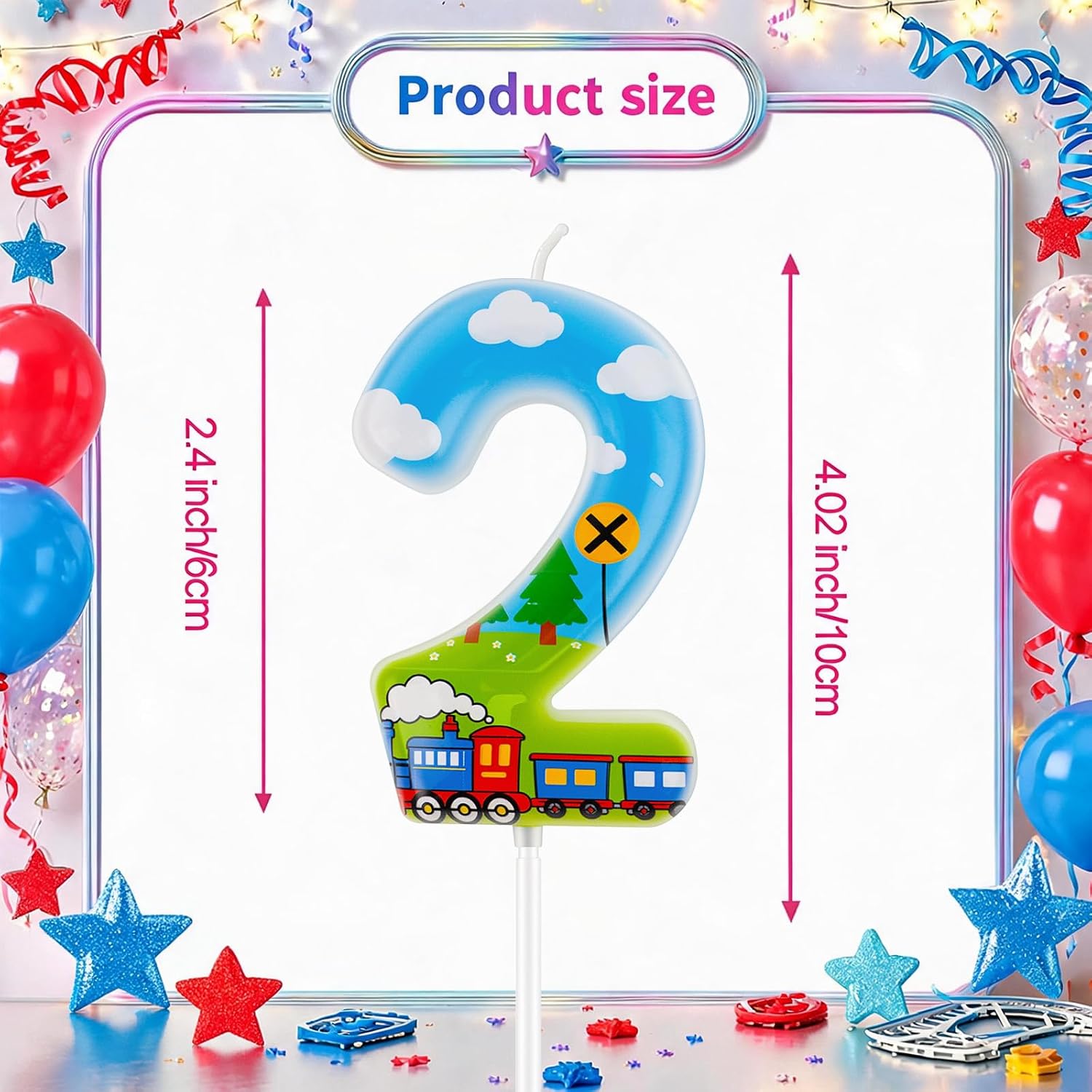 Train Theme Number Candle 2, Steam Locomotive Railroad Cake Topper, Decorative Numeric Candle for Celebration Cakes, Dessert Displays and Photo Props
