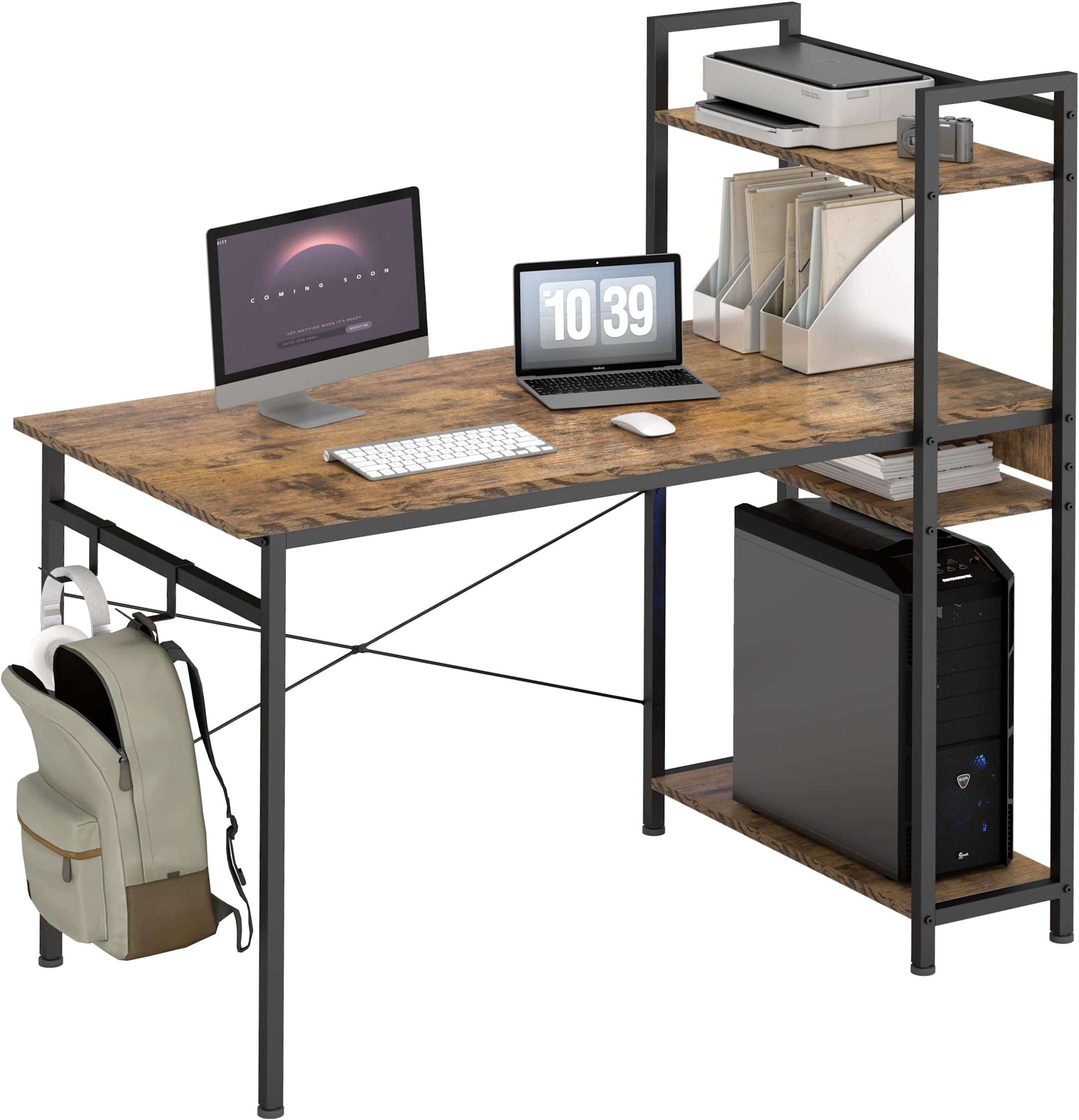 Computer Desk with Shelves,The Bookshelf is 9.5 inches Wide Home Office Desks Table 47 Inch PC Desk Bedroom Desk Work Desk Study Desk Wood Desk with Storage, Student,Rustic Brown