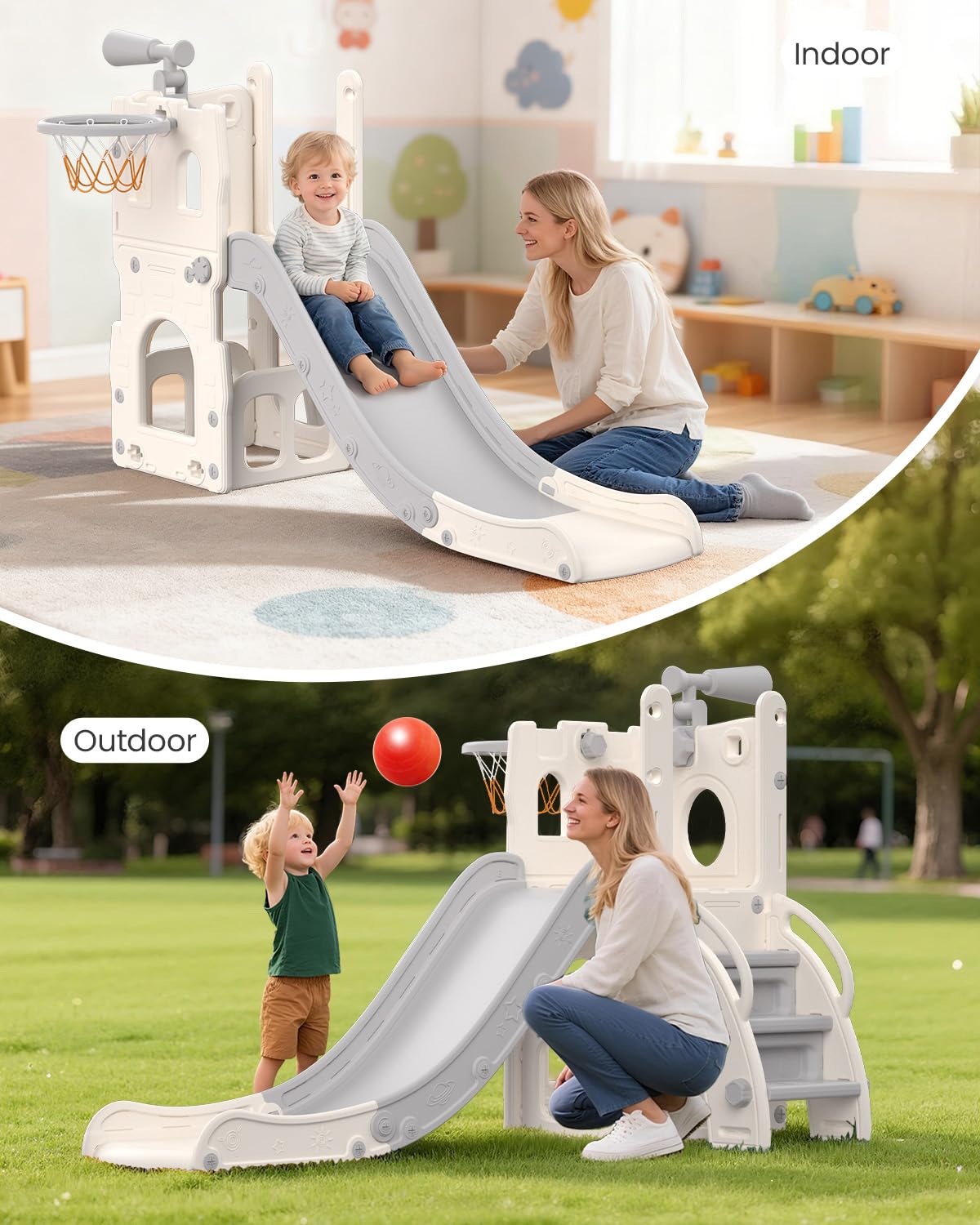 Kinder Rutsche, 5-in-1 Indoor Outdoor Rutsche, Kinderspielplatz mit Basketballkorb, Ablage und Teleskop, Spielplatz für Kinder ab 1 Jahr, Grau