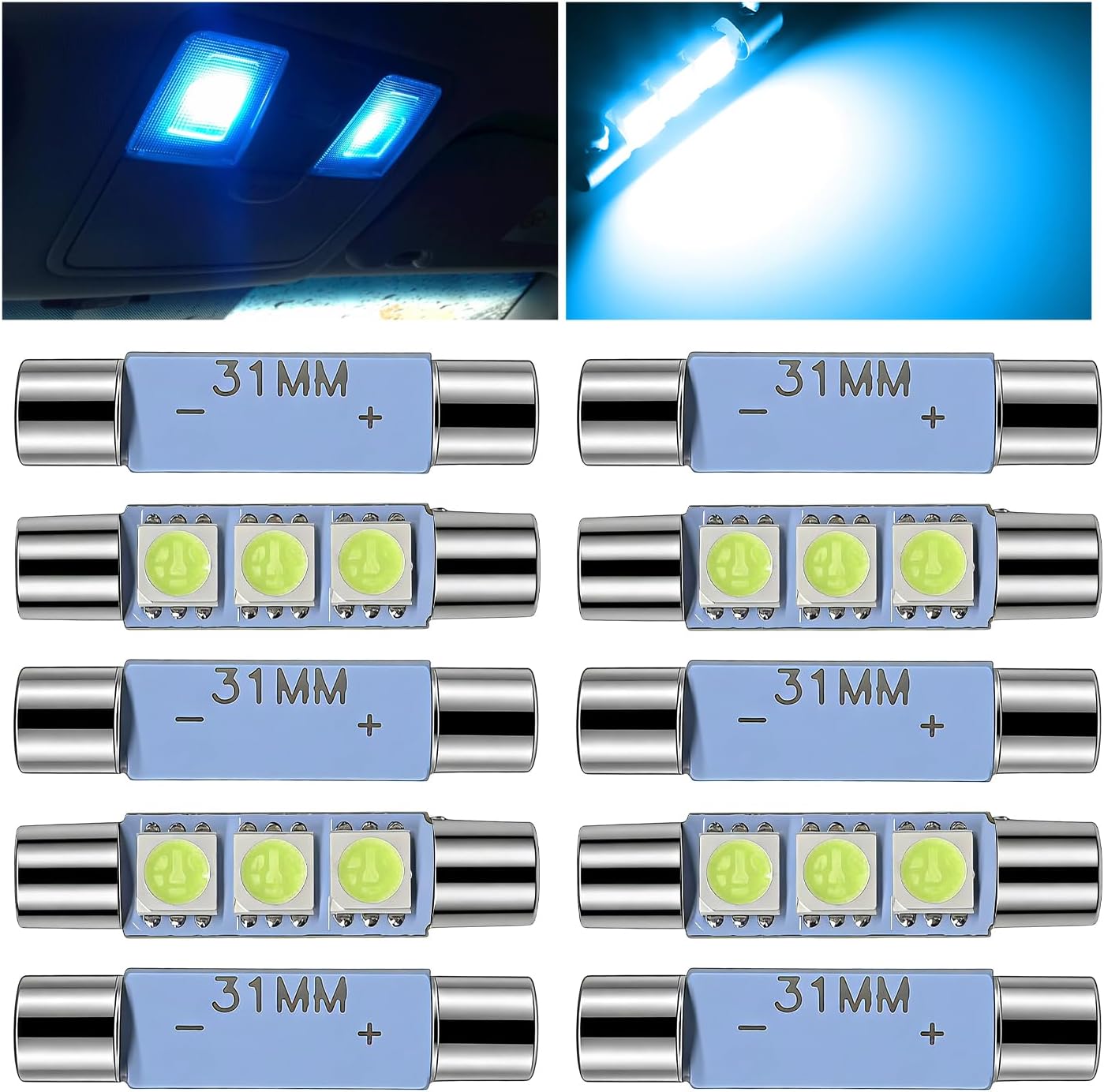 10 PCS T6 Car LED Sun Visor Light, 12V Super Bright Vehicle Reading Lamp with 5050-3SMD Chips, Flat Head Dual Tip LED Bulb 180 Degree Interior Lighting Kit for Most Cars (Ice Blue)