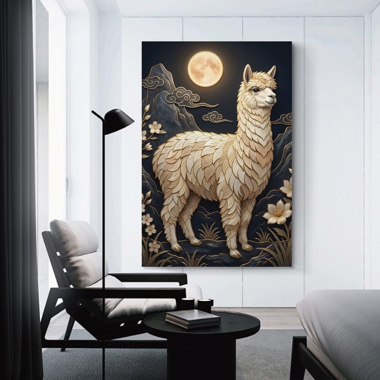 Junmoney Decorative Wall Artwork Golden Alpaca Under The Moon, 08x12inch(20x30cm), for Lounge, Bedroom Or Personal Spaces, Gift Idea for Housewarming And Birthdays
