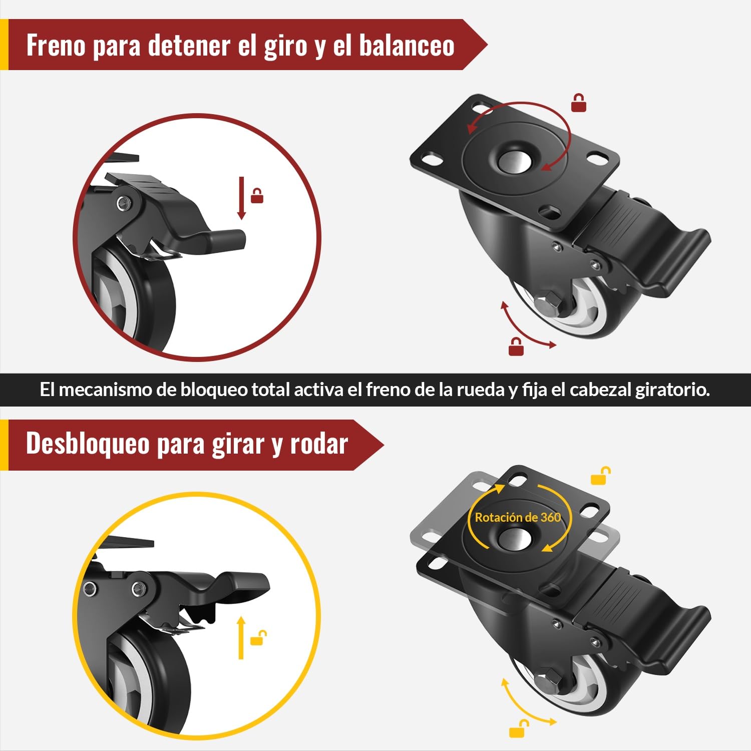 Ruedas Giratorias 100 mm - Ruedas para muebles pesados - Capacidad máxima de carga 600 kg (2 con freno y 2 sin freno)