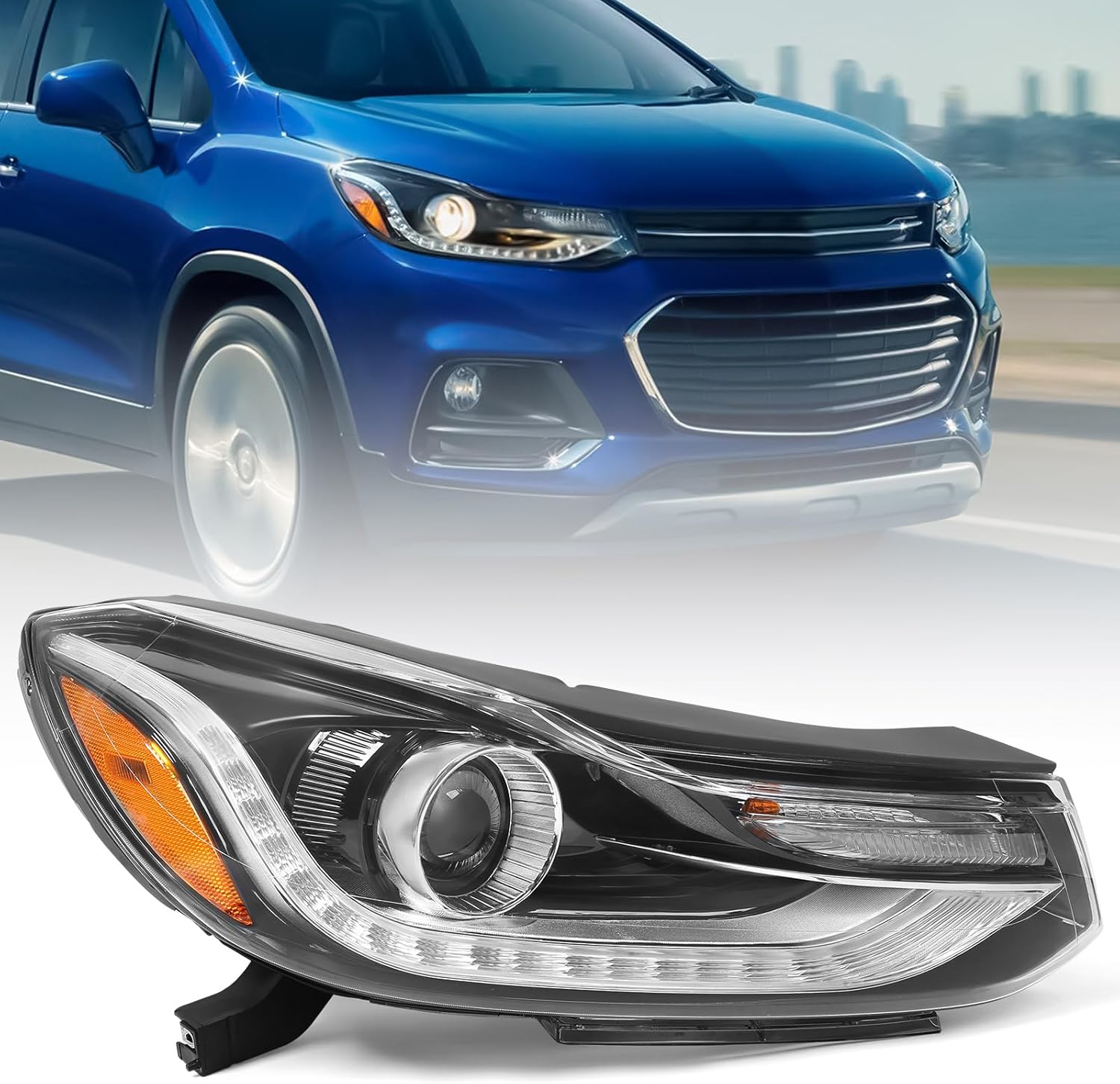Huray Right Halogen Headlight Assembly Fit for Chevy Trax 2017-2022 RH Projector Headlamp w/LED DRL OE Factory Head Light Replacement for GM2503450 42725481 Passenger Side